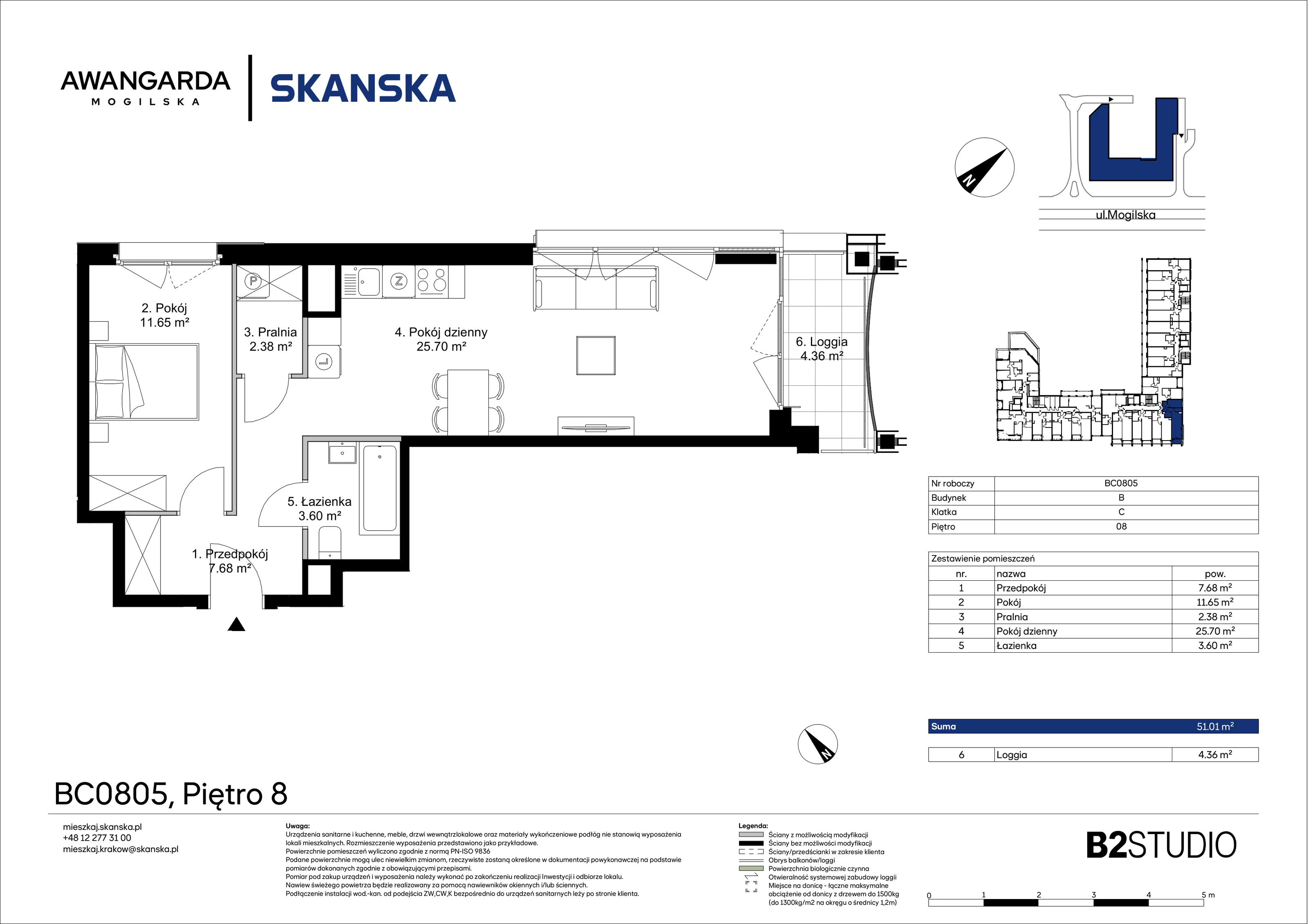 2 pokoje, mieszkanie 51,01 m², piętro 8, oferta nr 1BC0805, Awangarda Mogilska, Kraków, Prądnik Czerwony, Rakowice, ul. Mogilska 126