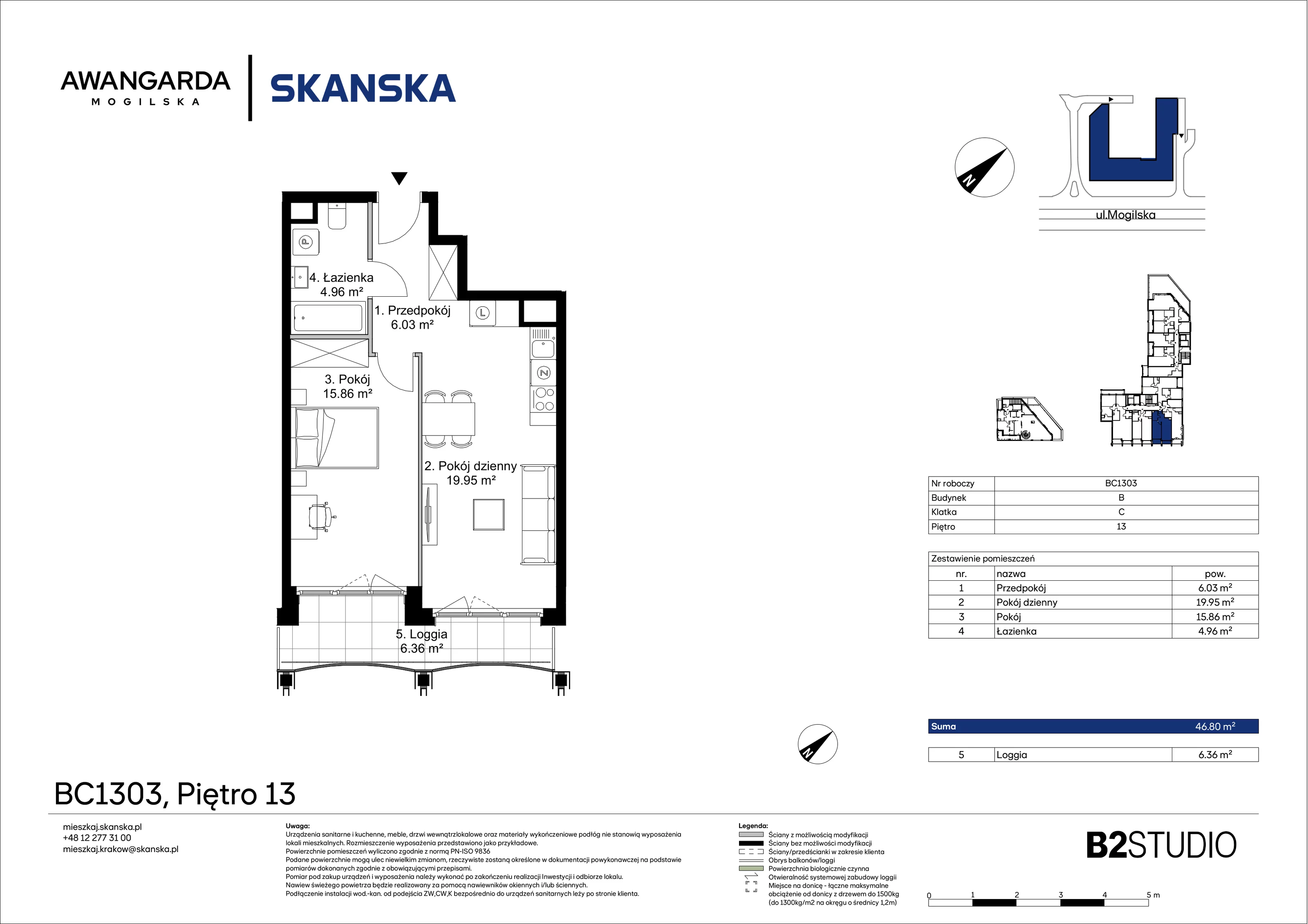 2 pokoje, mieszkanie 46,80 m², piętro 13, oferta nr 1BC1303, Awangarda Mogilska, Kraków, Prądnik Czerwony, Rakowice, ul. Mogilska 126