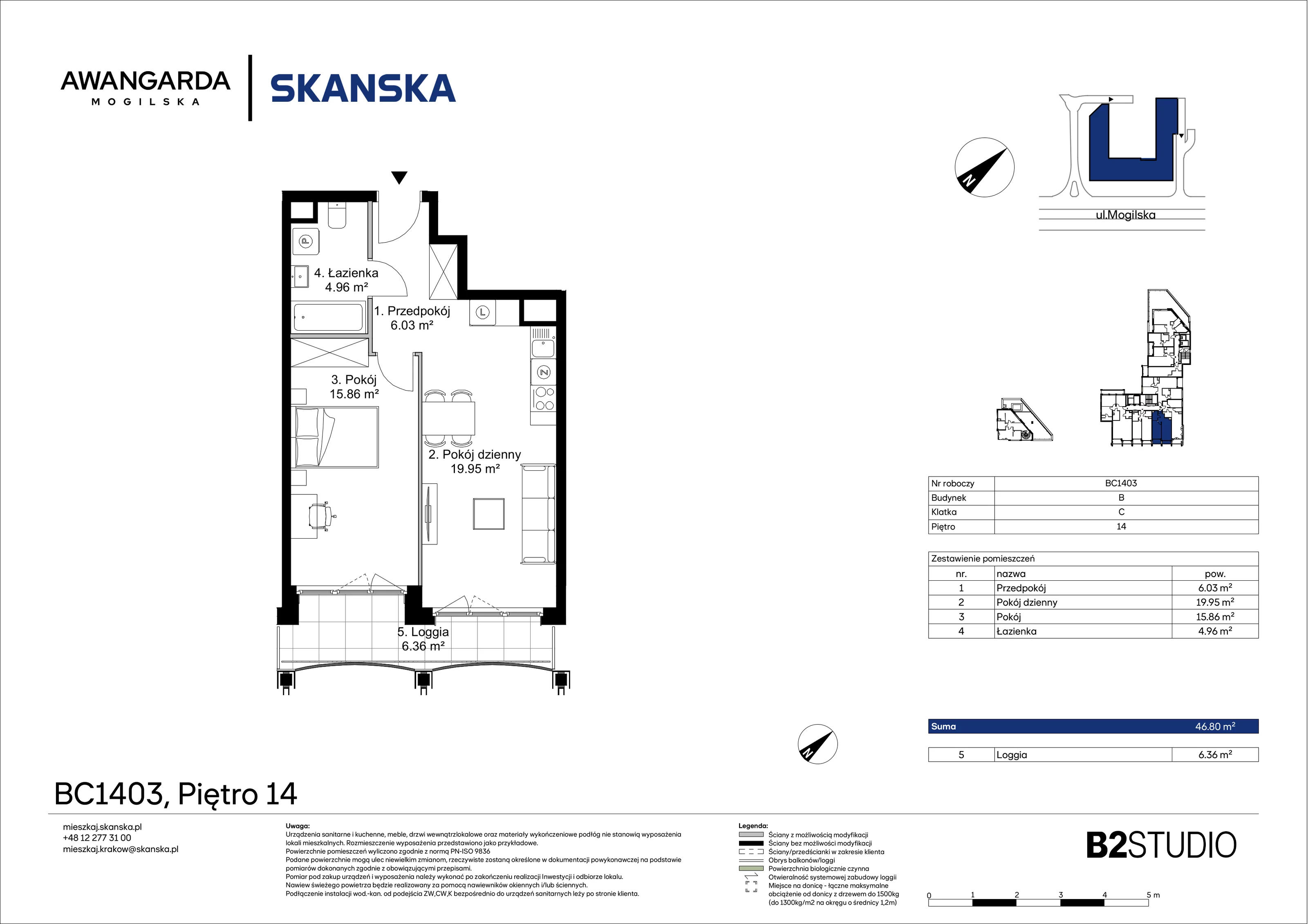 2 pokoje, mieszkanie 46,80 m², piętro 14, oferta nr 1BC1403, Awangarda Mogilska, Kraków, Prądnik Czerwony, Rakowice, ul. Mogilska 126