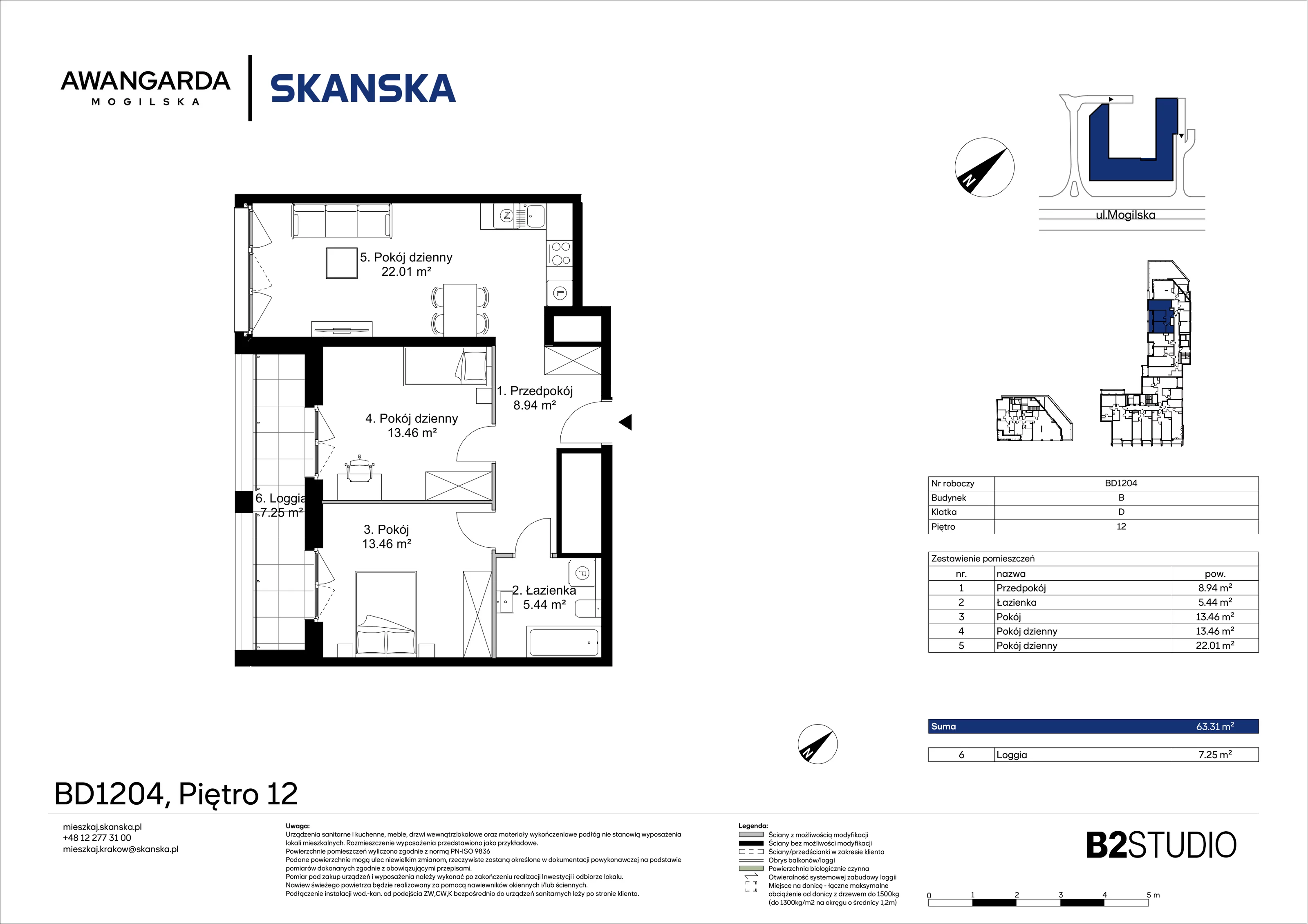 3 pokoje, mieszkanie 63,31 m², piętro 12, oferta nr 1BD1204, Awangarda Mogilska, Kraków, Prądnik Czerwony, Rakowice, ul. Mogilska 126