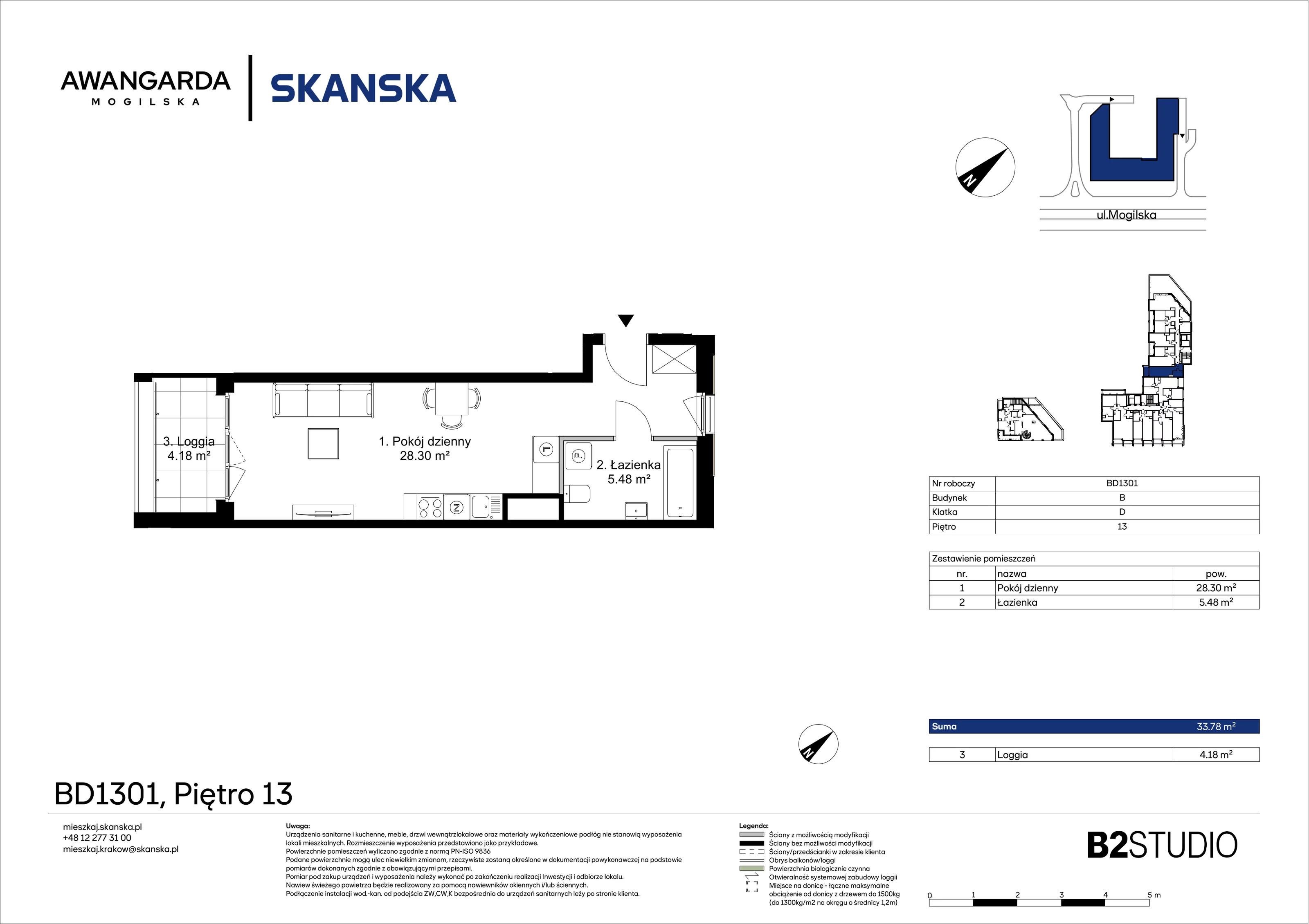 1 pokój, mieszkanie 33,78 m², piętro 13, oferta nr 1BD1301, Awangarda Mogilska, Kraków, Prądnik Czerwony, Rakowice, ul. Mogilska 126