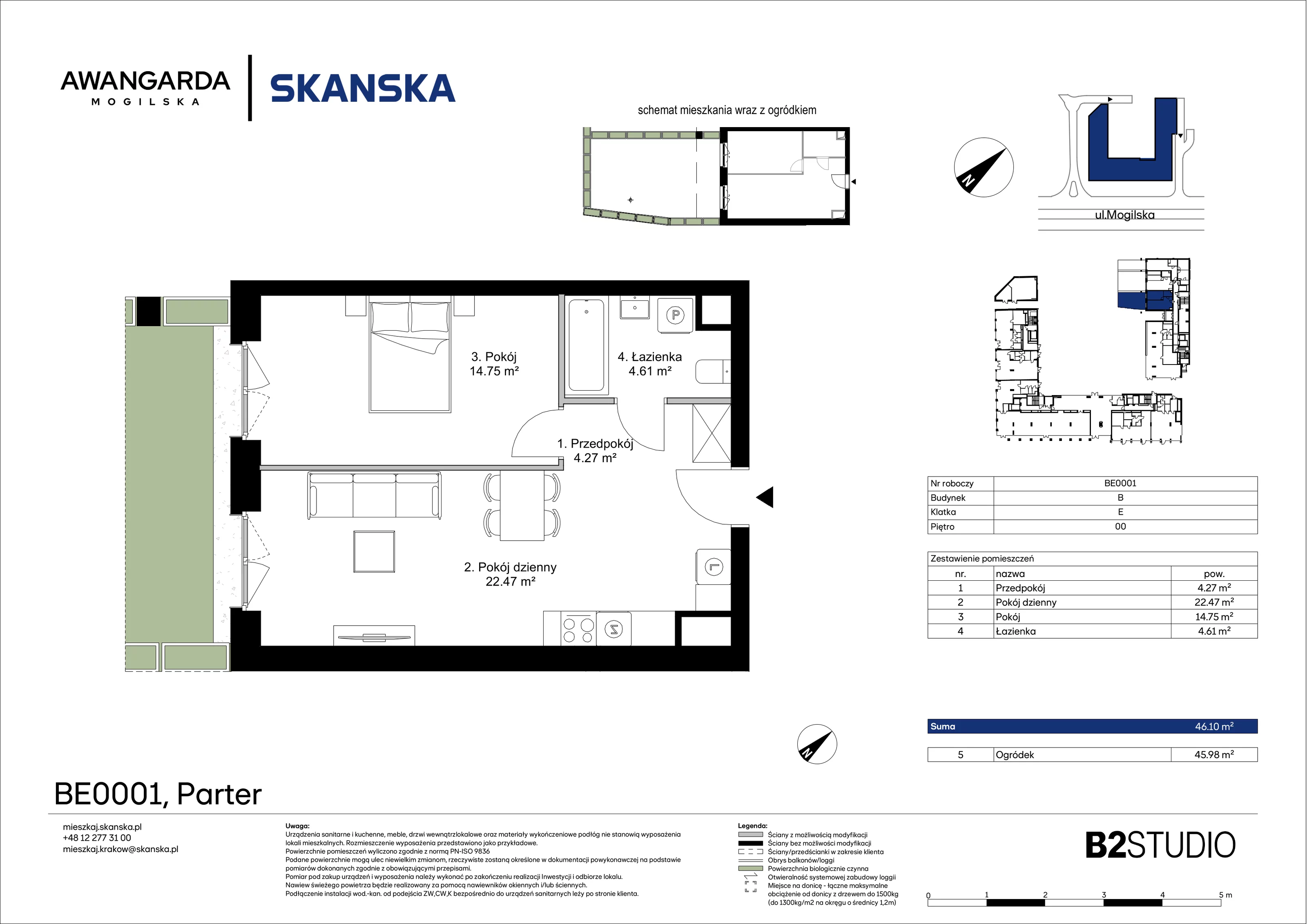 2 pokoje, mieszkanie 46,10 m², parter, oferta nr 1BE0001, Awangarda Mogilska, Kraków, Prądnik Czerwony, Rakowice, ul. Mogilska 126