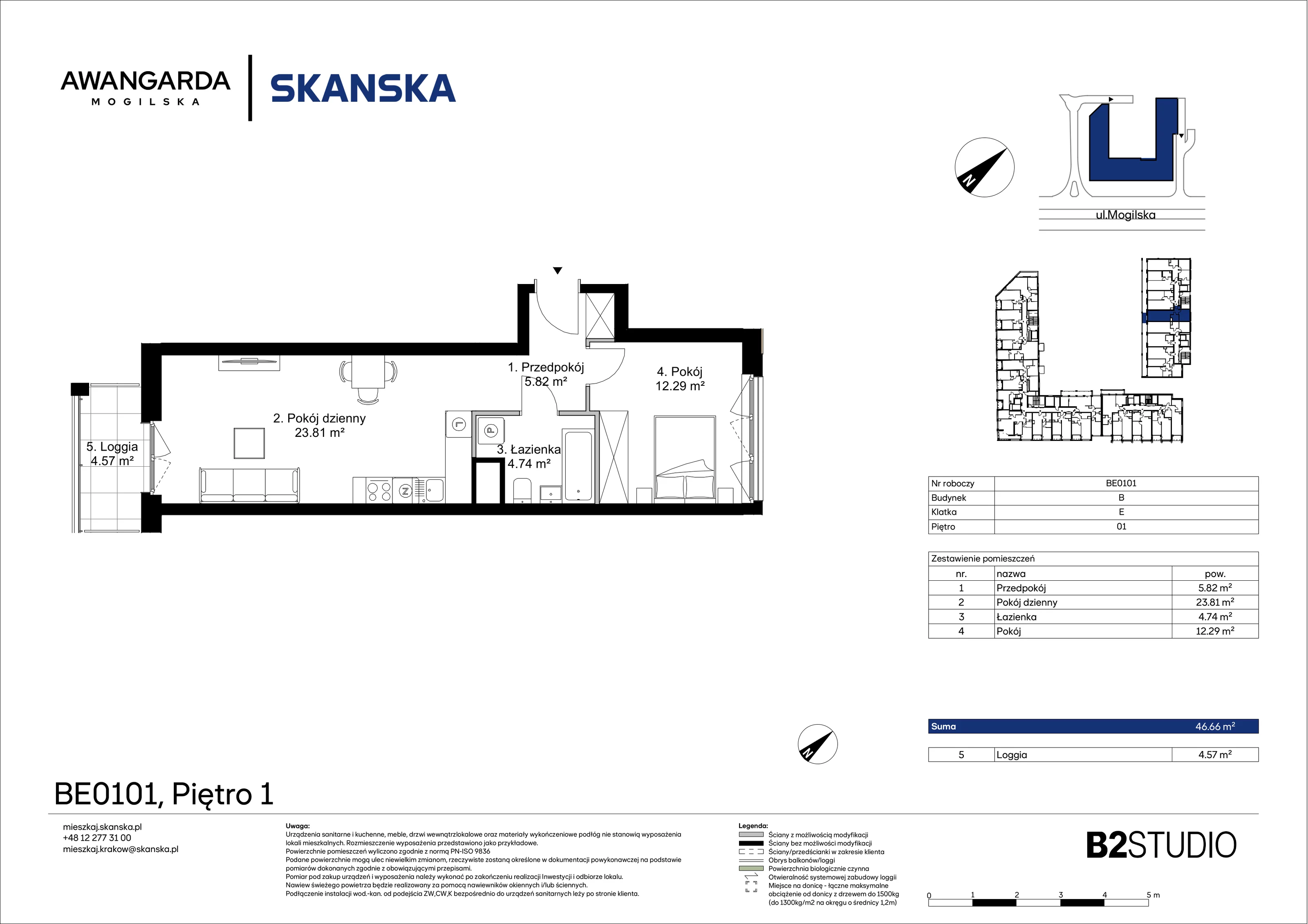 2 pokoje, mieszkanie 46,66 m², piętro 1, oferta nr 1BE0101, Awangarda Mogilska, Kraków, Prądnik Czerwony, Rakowice, ul. Mogilska 126