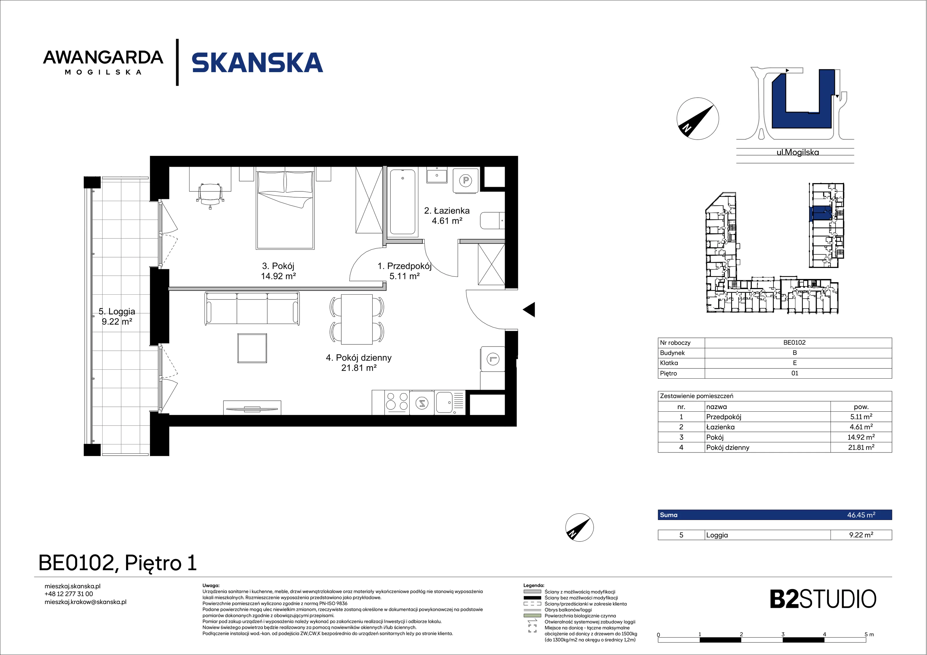 2 pokoje, mieszkanie 46,45 m², piętro 1, oferta nr 1BE0102, Awangarda Mogilska, Kraków, Prądnik Czerwony, Rakowice, ul. Mogilska 126