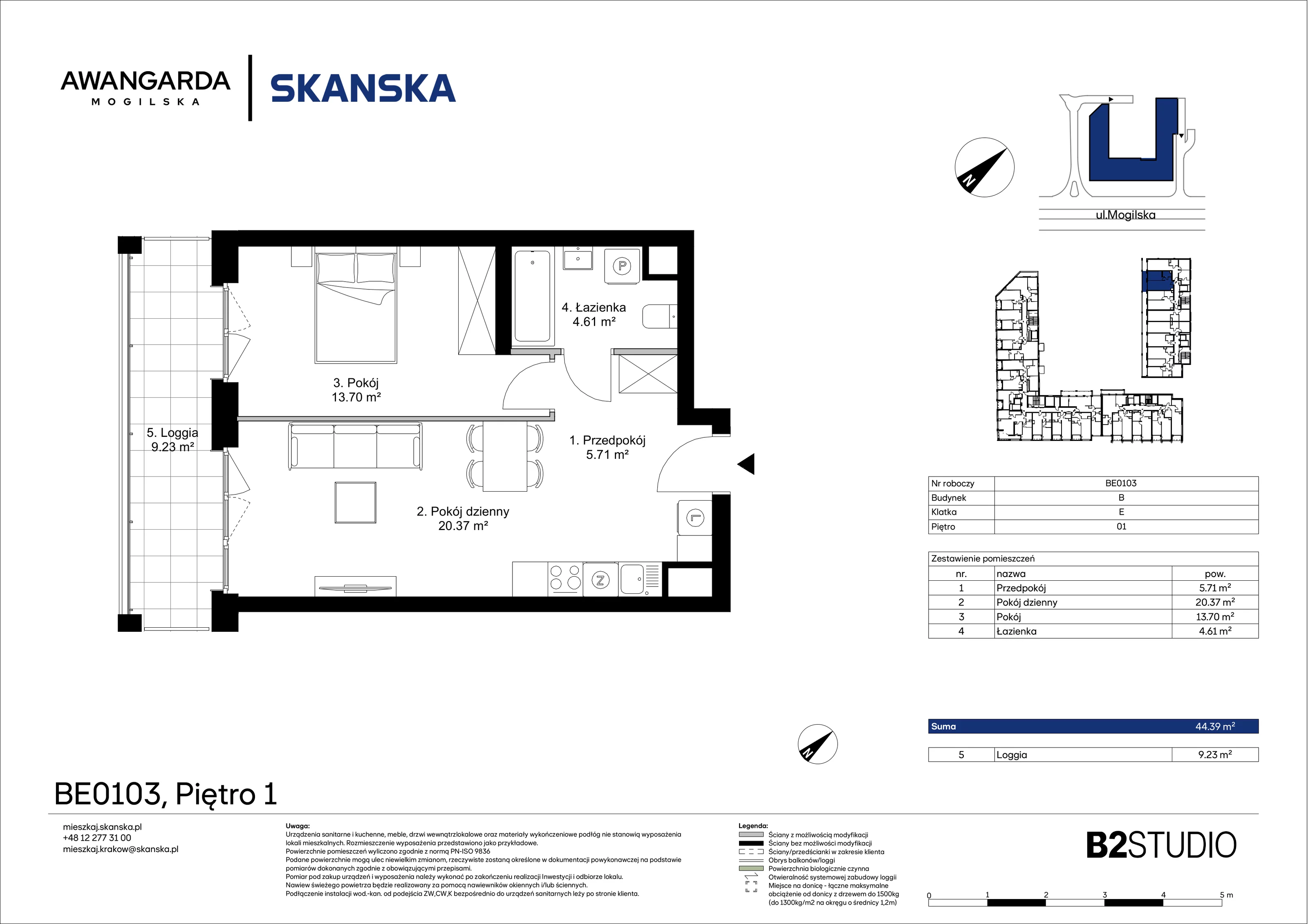 2 pokoje, mieszkanie 44,39 m², piętro 1, oferta nr 1BE0103, Awangarda Mogilska, Kraków, Prądnik Czerwony, Rakowice, ul. Mogilska 126