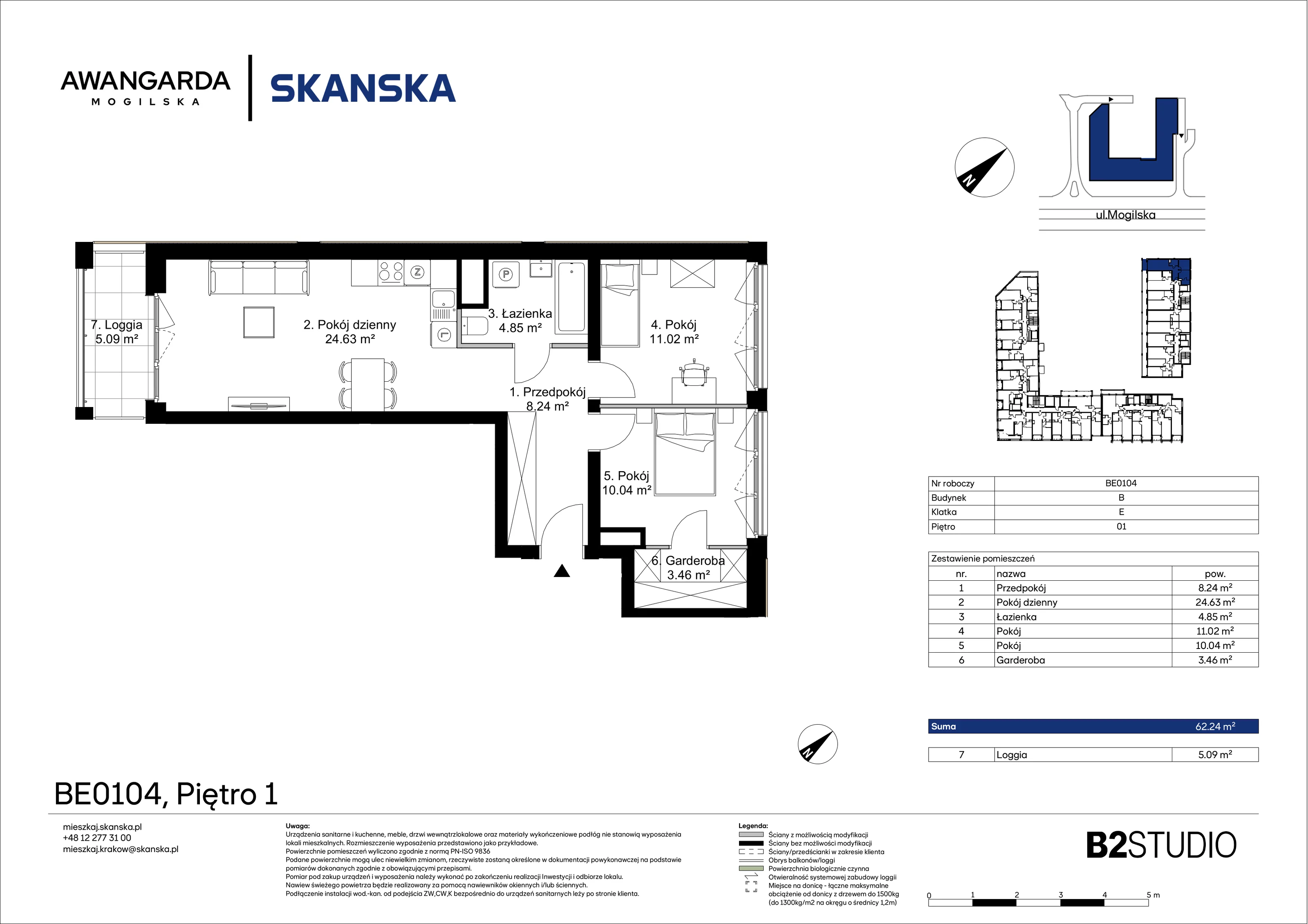 3 pokoje, apartament 62,24 m², piętro 1, oferta nr 1BE0104, Awangarda Mogilska, Kraków, Prądnik Czerwony, Rakowice, ul. Mogilska 126