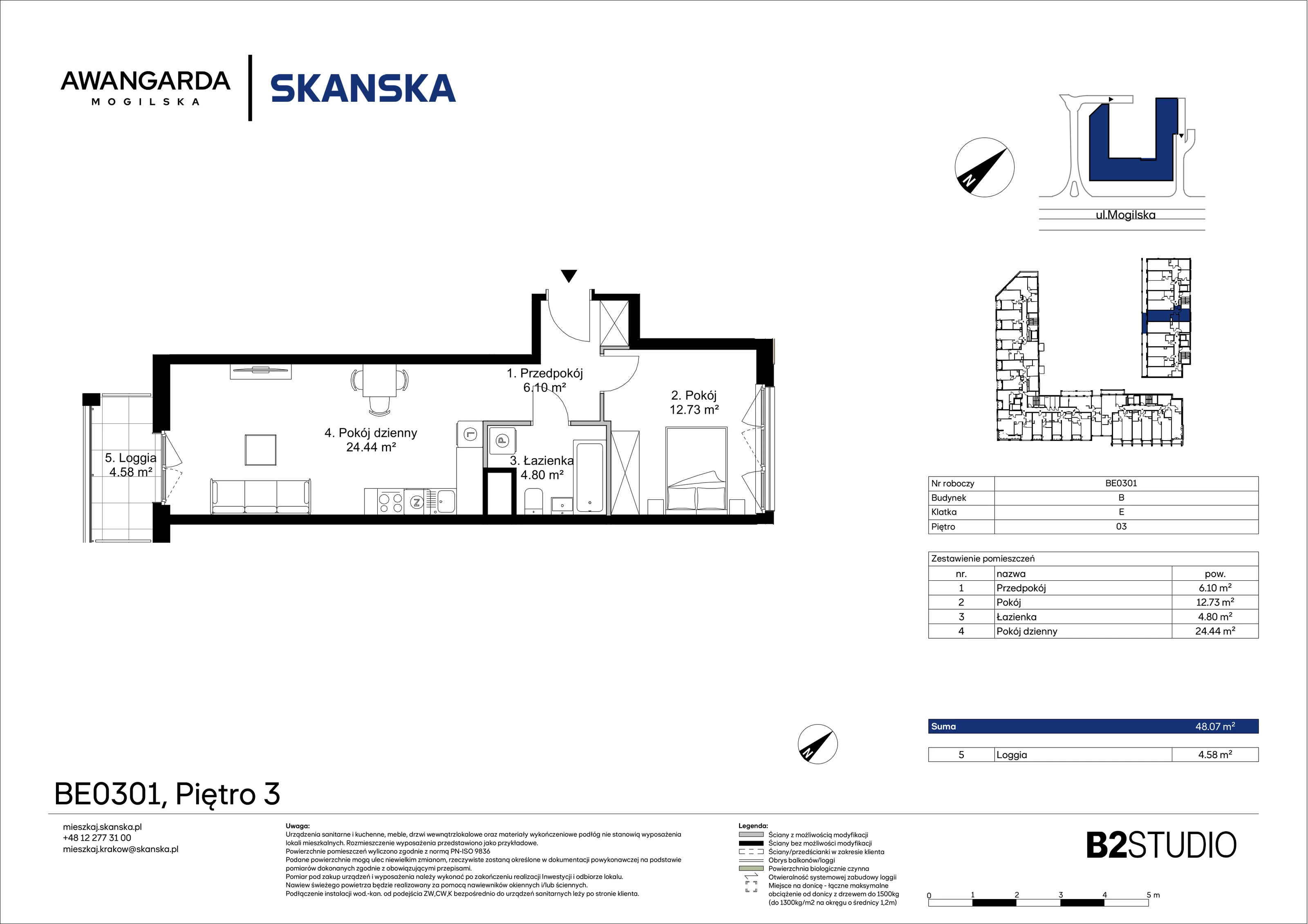 2 pokoje, mieszkanie 48,07 m², piętro 3, oferta nr 1BE0301, Awangarda Mogilska, Kraków, Prądnik Czerwony, Rakowice, ul. Mogilska 126