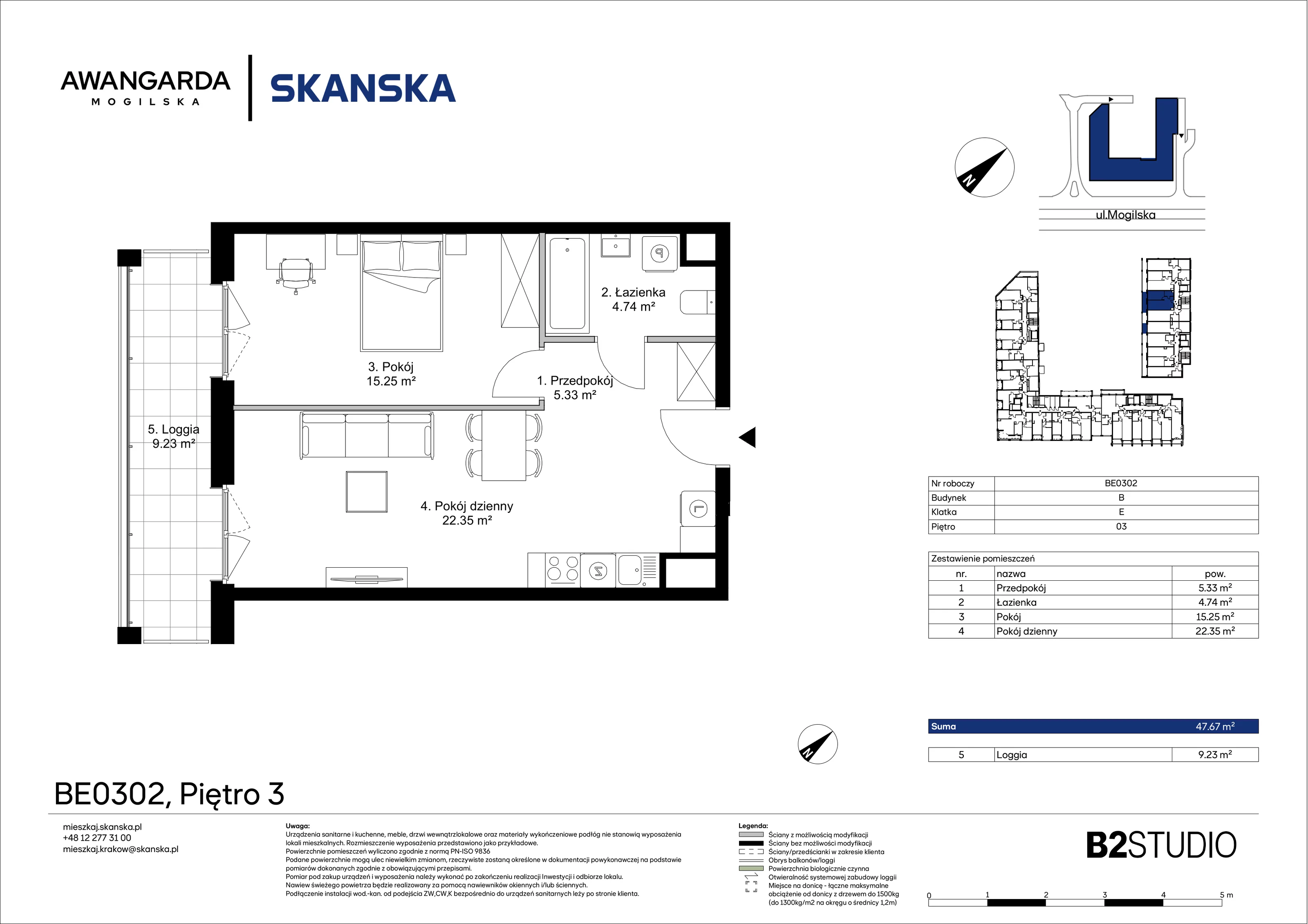 2 pokoje, mieszkanie 47,67 m², piętro 3, oferta nr 1BE0302, Awangarda Mogilska, Kraków, Prądnik Czerwony, Rakowice, ul. Mogilska 126