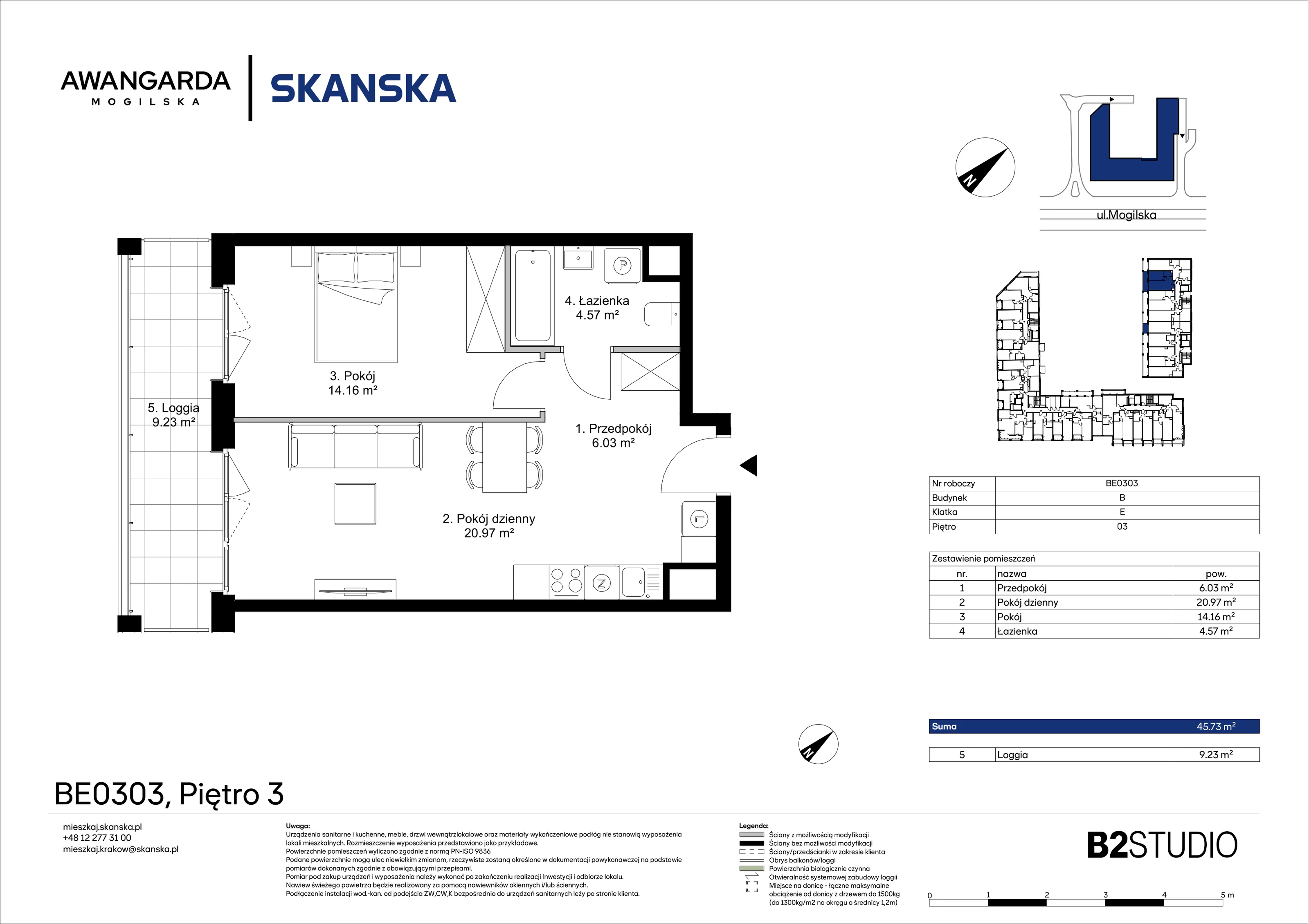 2 pokoje, mieszkanie 45,73 m², piętro 3, oferta nr 1BE0303, Awangarda Mogilska, Kraków, Prądnik Czerwony, Rakowice, ul. Mogilska 126