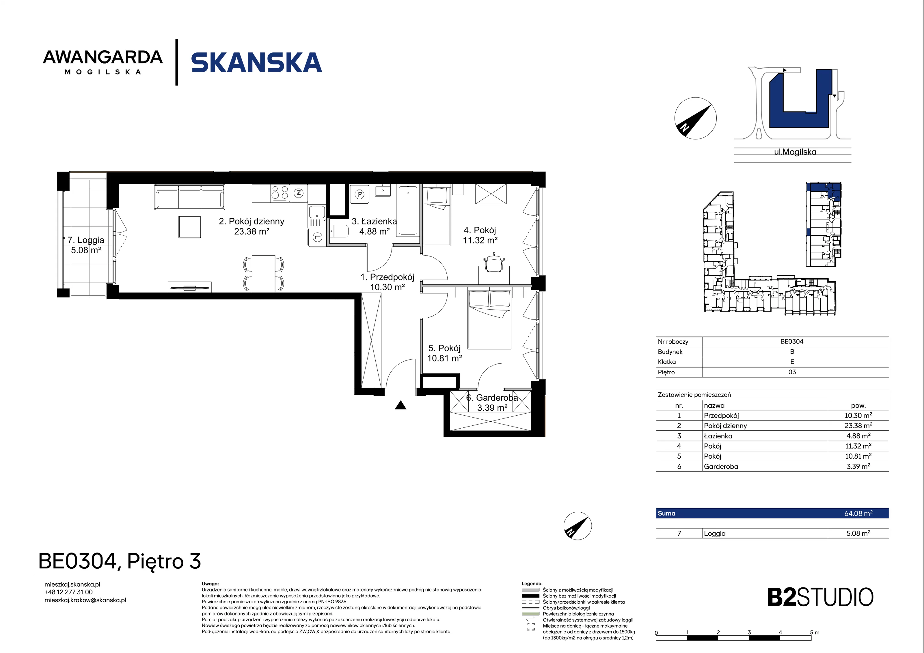 3 pokoje, mieszkanie 64,08 m², piętro 3, oferta nr 1BE0304, Awangarda Mogilska, Kraków, Prądnik Czerwony, Rakowice, ul. Mogilska 126