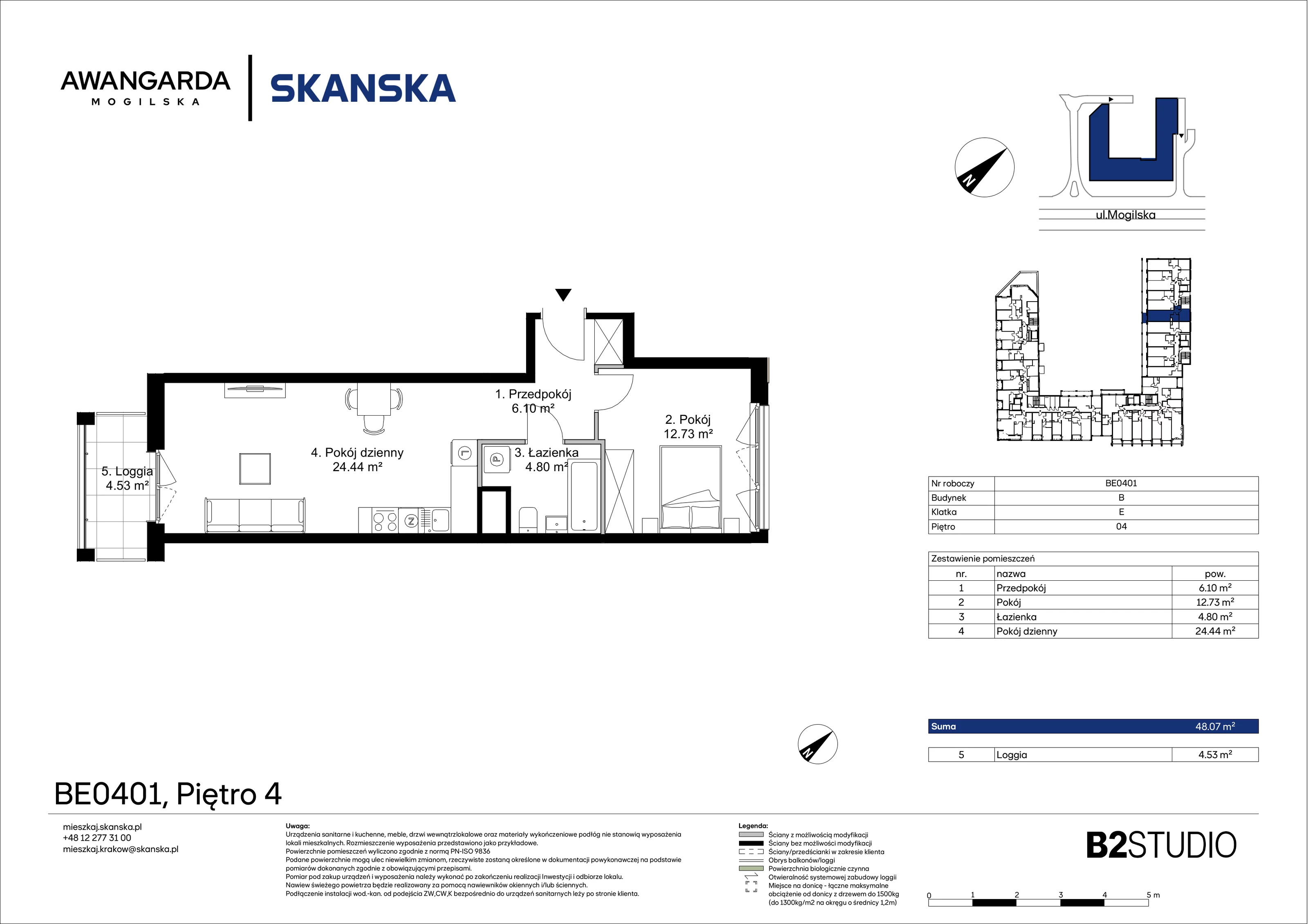 2 pokoje, mieszkanie 48,07 m², piętro 4, oferta nr 1BE0401, Awangarda Mogilska, Kraków, Prądnik Czerwony, Rakowice, ul. Mogilska 126