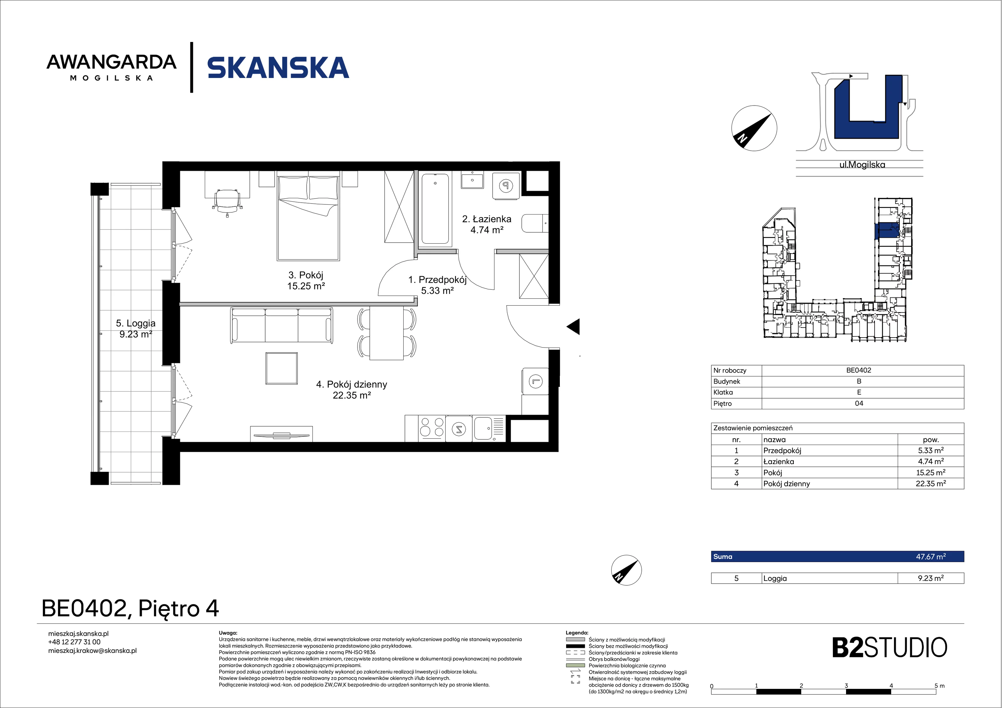 2 pokoje, mieszkanie 47,67 m², piętro 4, oferta nr 1BE0402, Awangarda Mogilska, Kraków, Prądnik Czerwony, Rakowice, ul. Mogilska 126