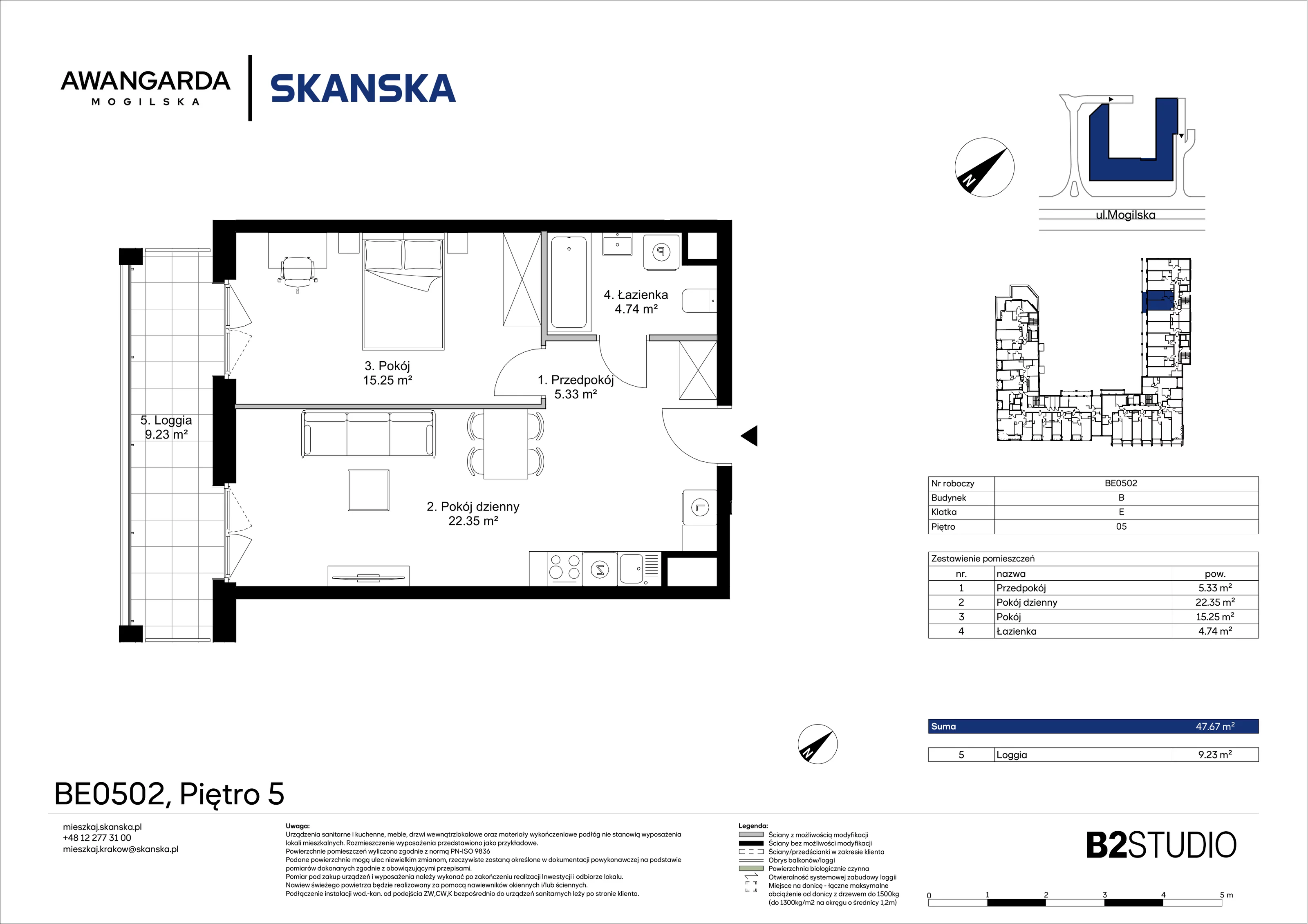 2 pokoje, mieszkanie 47,67 m², piętro 5, oferta nr 1BE0502, Awangarda Mogilska, Kraków, Prądnik Czerwony, Rakowice, ul. Mogilska 126