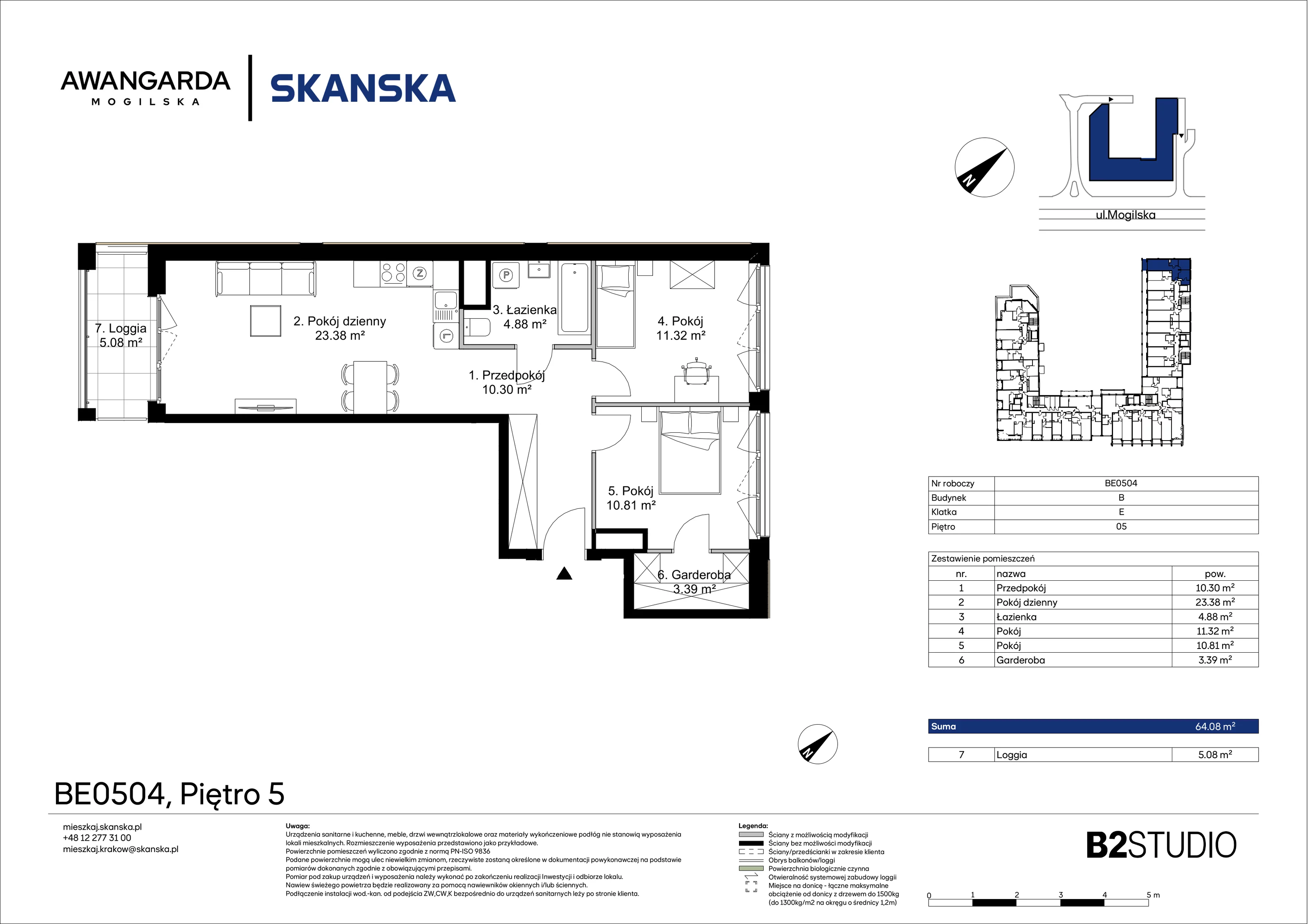 3 pokoje, mieszkanie 64,08 m², piętro 5, oferta nr 1BE0504, Awangarda Mogilska, Kraków, Prądnik Czerwony, Rakowice, ul. Mogilska 126