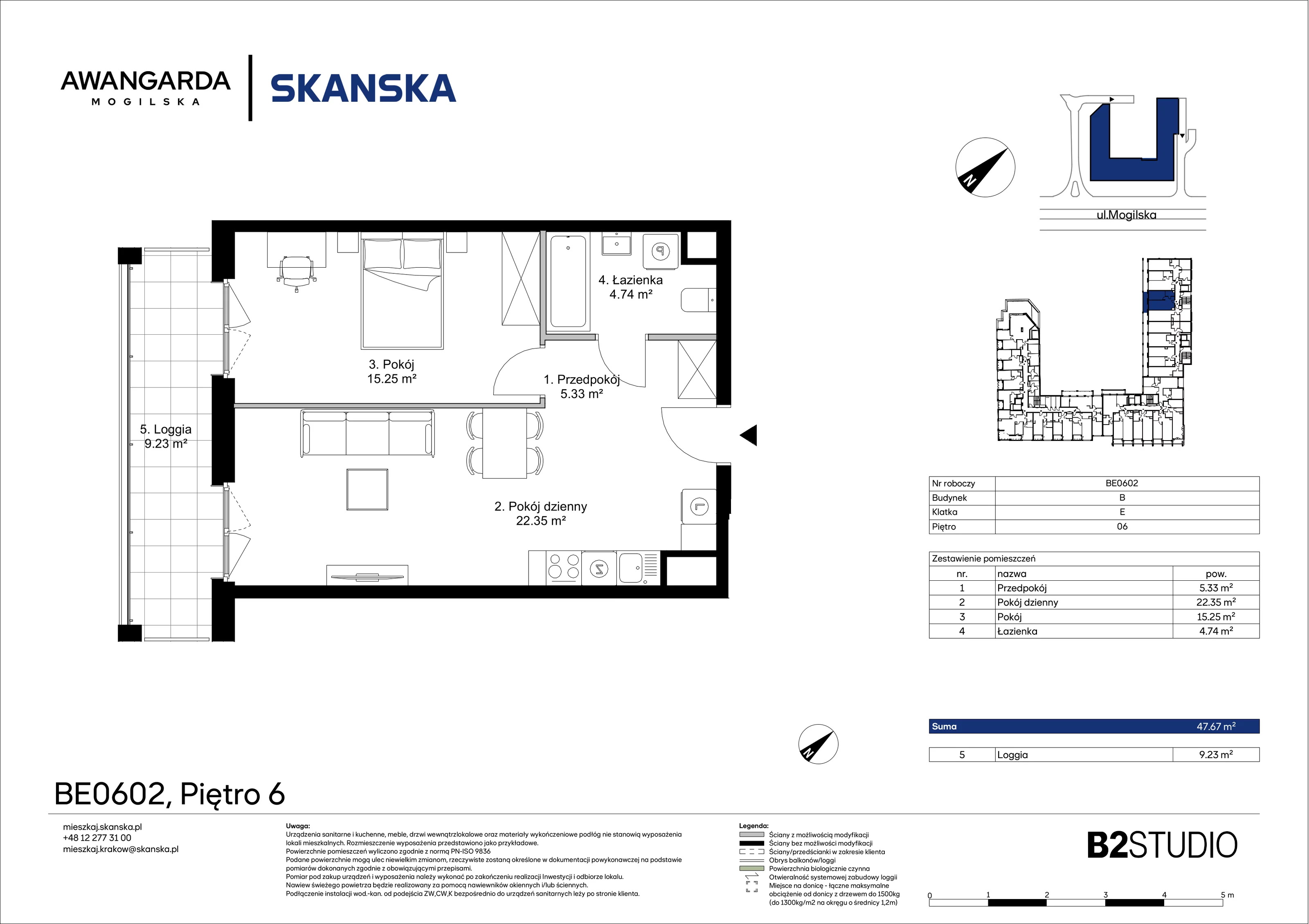 2 pokoje, mieszkanie 47,67 m², piętro 6, oferta nr 1BE0602, Awangarda Mogilska, Kraków, Prądnik Czerwony, Rakowice, ul. Mogilska 126