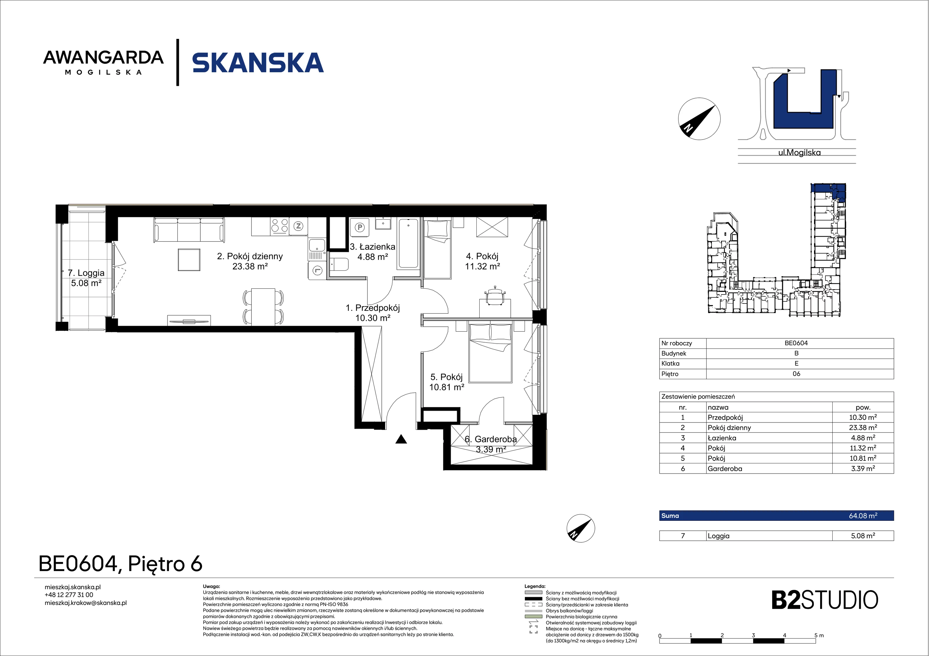 3 pokoje, mieszkanie 64,08 m², piętro 6, oferta nr 1BE0604, Awangarda Mogilska, Kraków, Prądnik Czerwony, Rakowice, ul. Mogilska 126