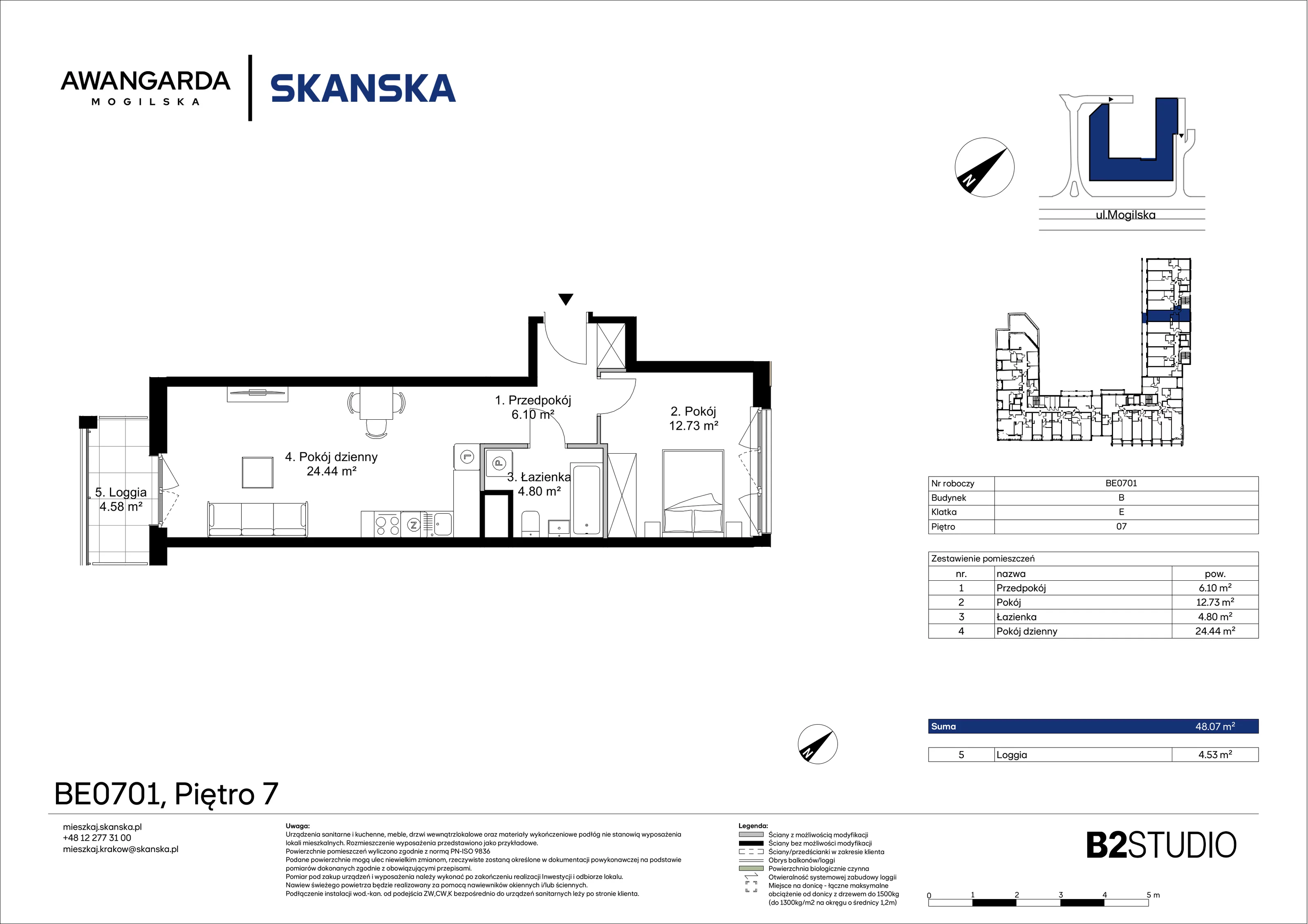 2 pokoje, mieszkanie 48,07 m², piętro 7, oferta nr 1BE0701, Awangarda Mogilska, Kraków, Prądnik Czerwony, Rakowice, ul. Mogilska 126