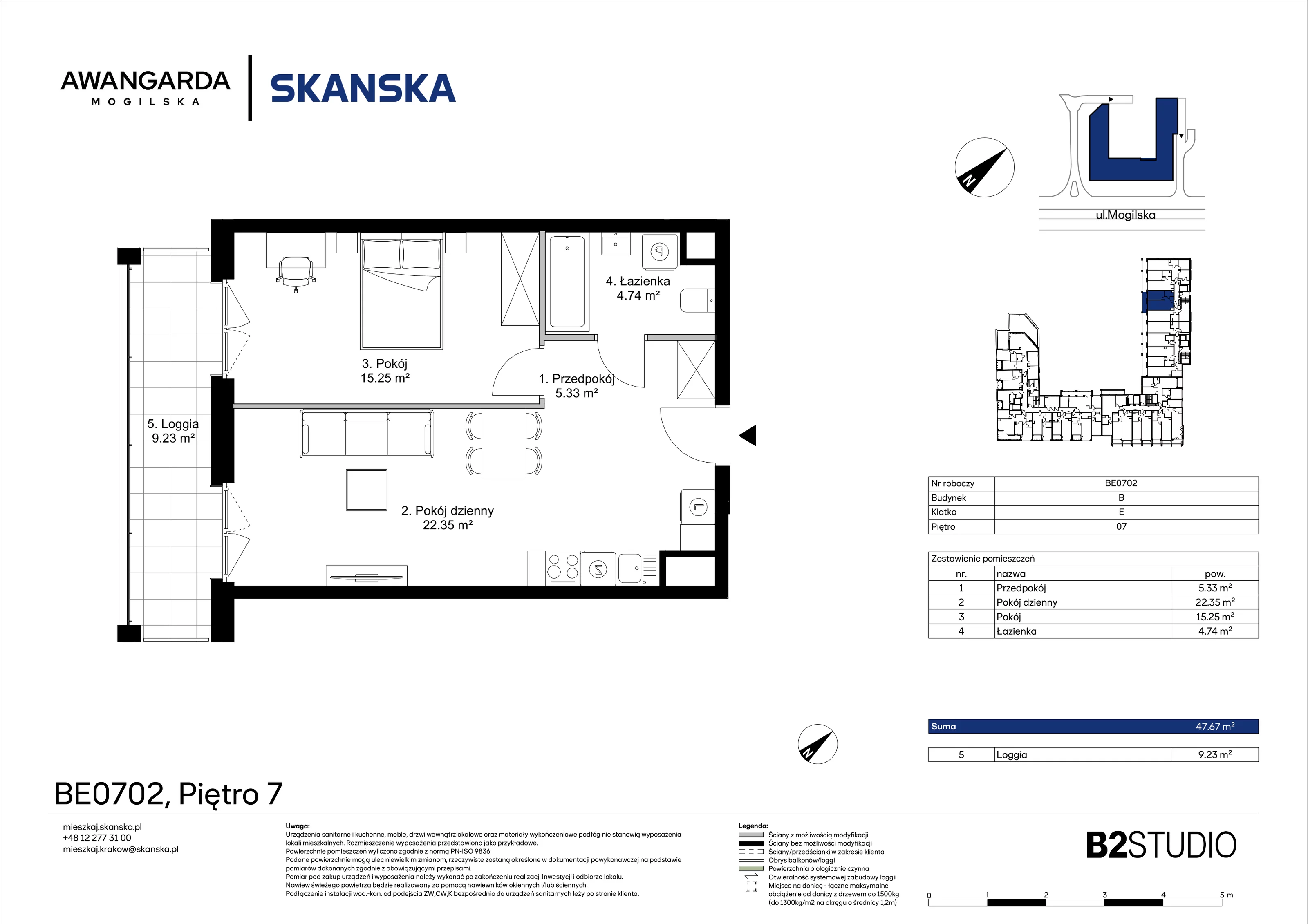 2 pokoje, mieszkanie 47,67 m², piętro 7, oferta nr 1BE0702, Awangarda Mogilska, Kraków, Prądnik Czerwony, Rakowice, ul. Mogilska 126