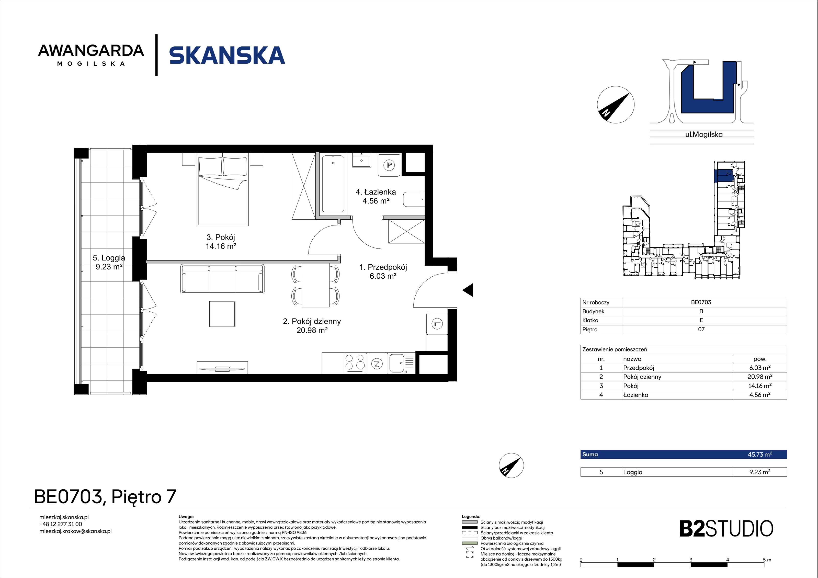 2 pokoje, mieszkanie 45,73 m², piętro 7, oferta nr 1BE0703, Awangarda Mogilska, Kraków, Prądnik Czerwony, Rakowice, ul. Mogilska 126