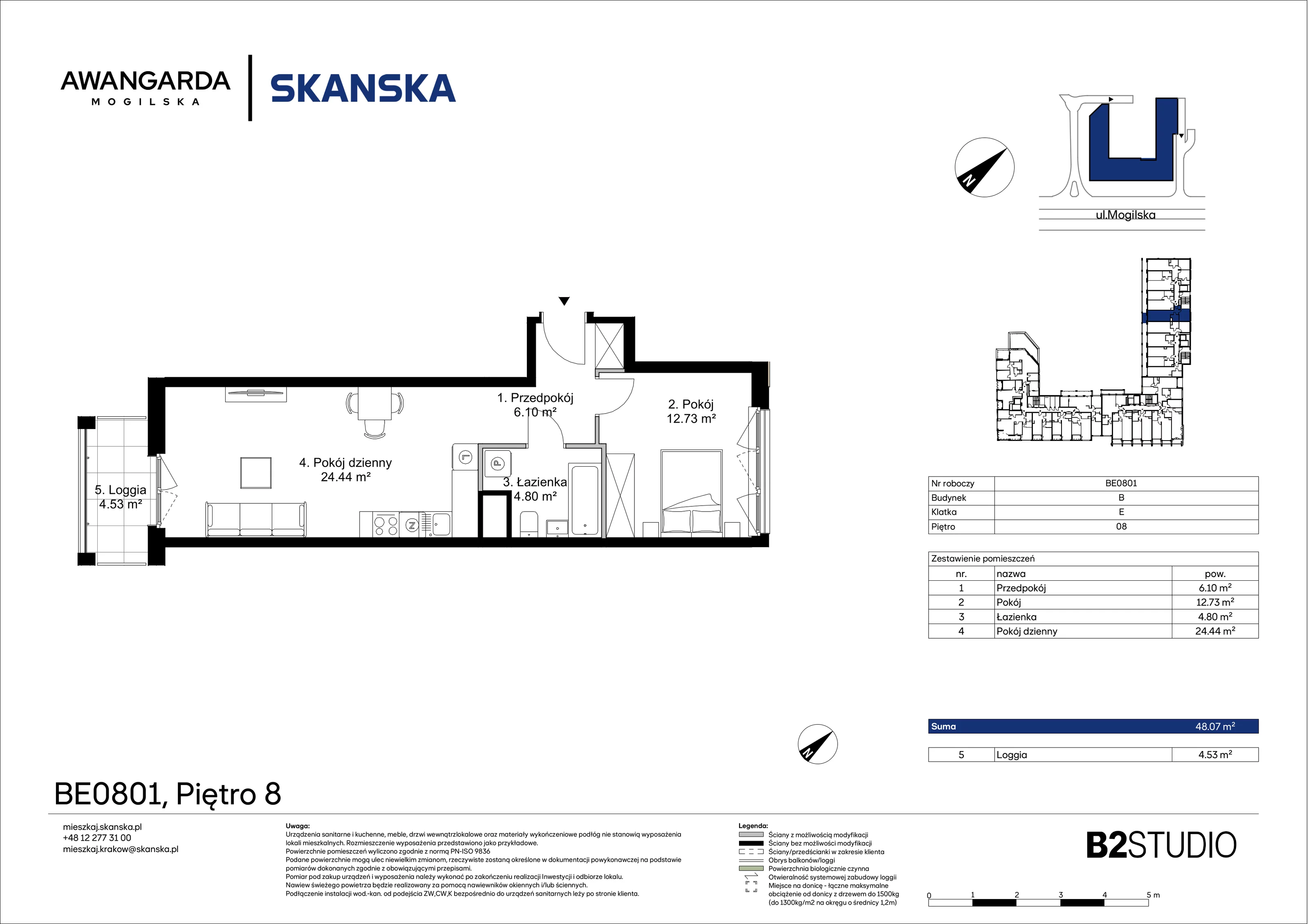 2 pokoje, mieszkanie 48,07 m², piętro 8, oferta nr 1BE0801, Awangarda Mogilska, Kraków, Prądnik Czerwony, Rakowice, ul. Mogilska 126