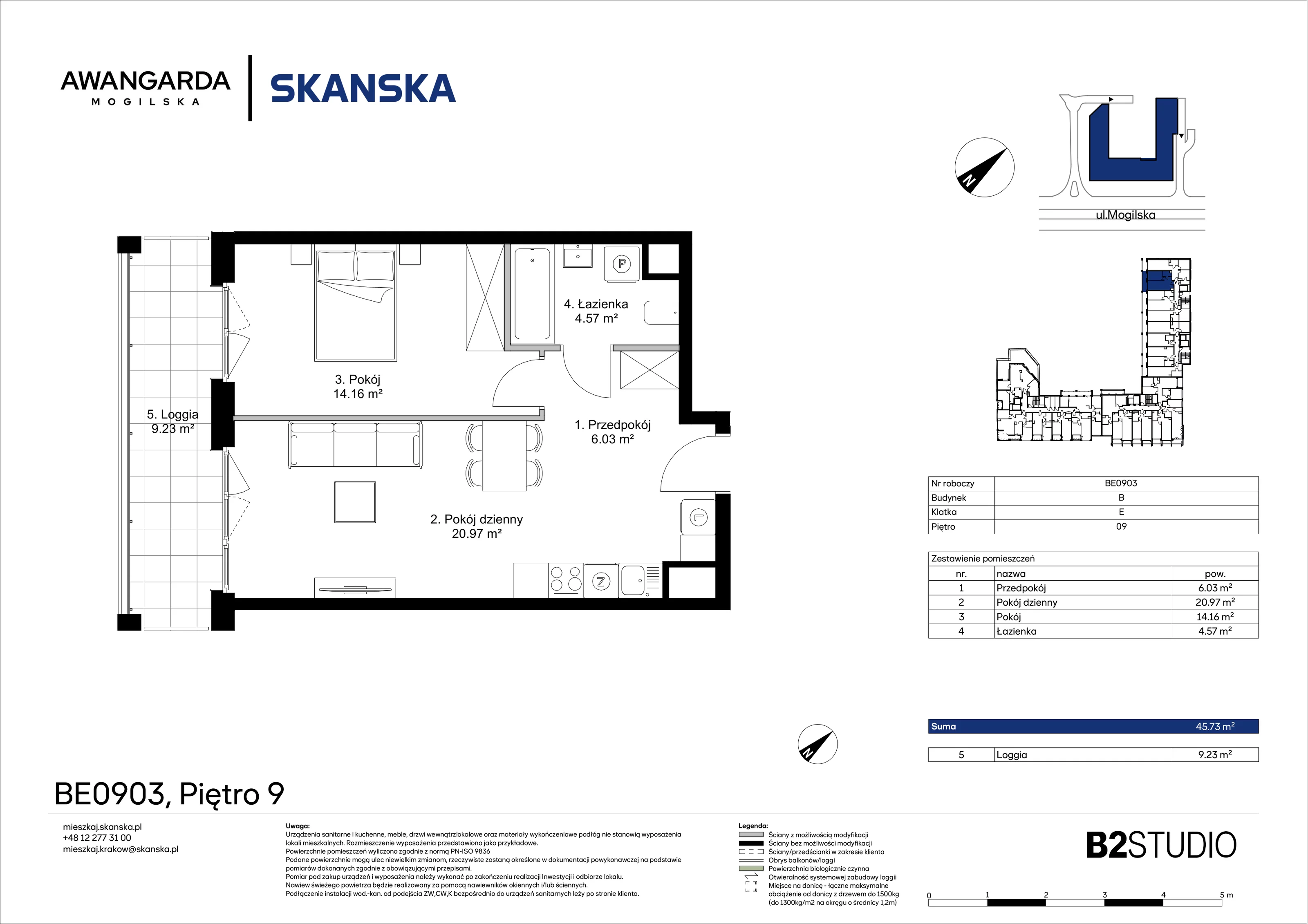 2 pokoje, mieszkanie 45,73 m², piętro 9, oferta nr 1BE0903, Awangarda Mogilska, Kraków, Prądnik Czerwony, Rakowice, ul. Mogilska 126