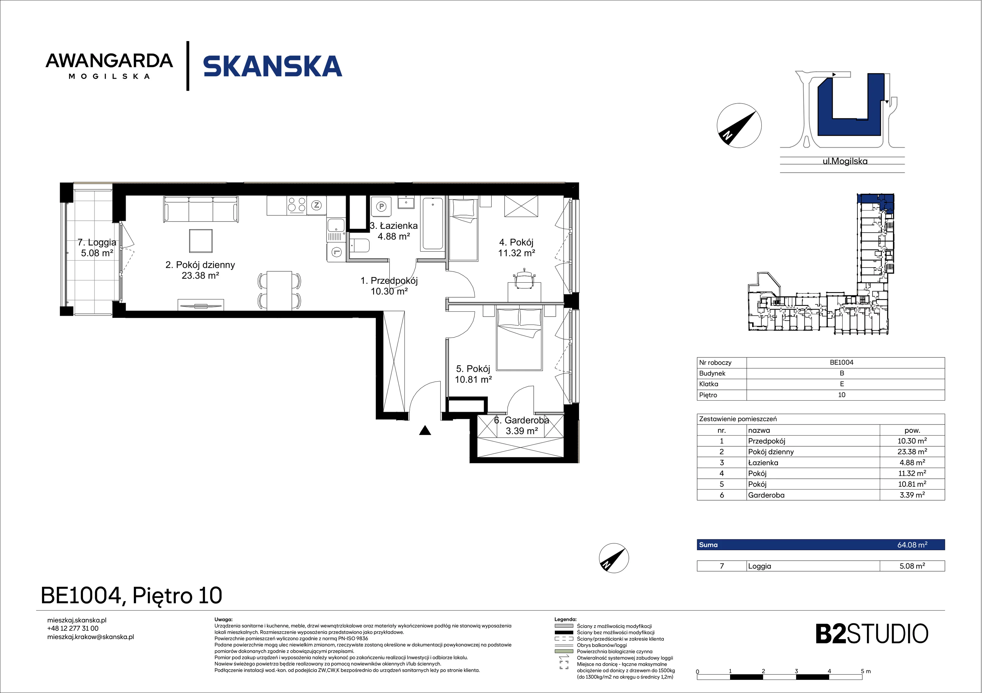 3 pokoje, mieszkanie 64,08 m², piętro 10, oferta nr 1BE1004, Awangarda Mogilska, Kraków, Prądnik Czerwony, Rakowice, ul. Mogilska 126