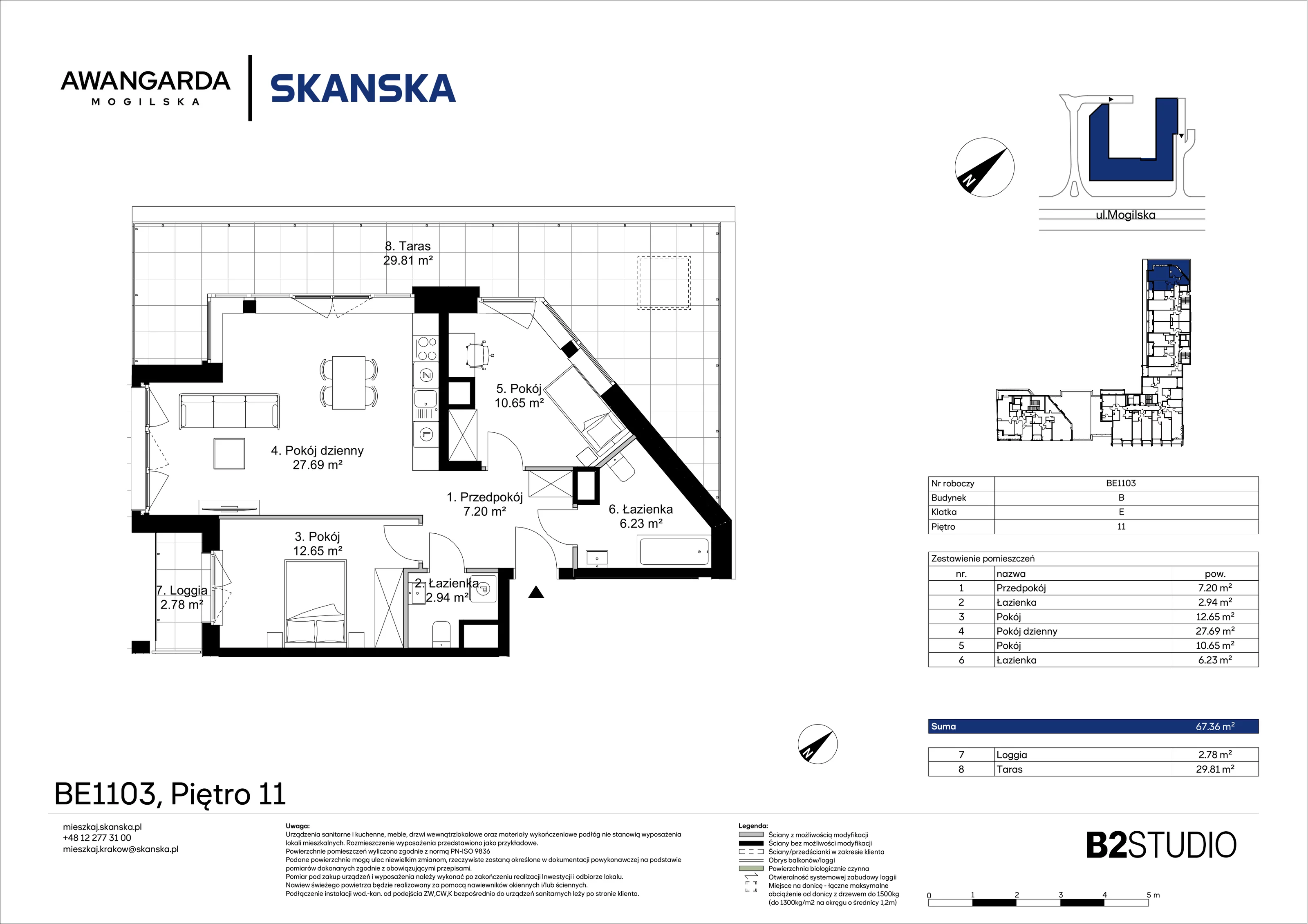 3 pokoje, mieszkanie 67,36 m², piętro 11, oferta nr 1BE1103, Awangarda Mogilska, Kraków, Prądnik Czerwony, Rakowice, ul. Mogilska 126