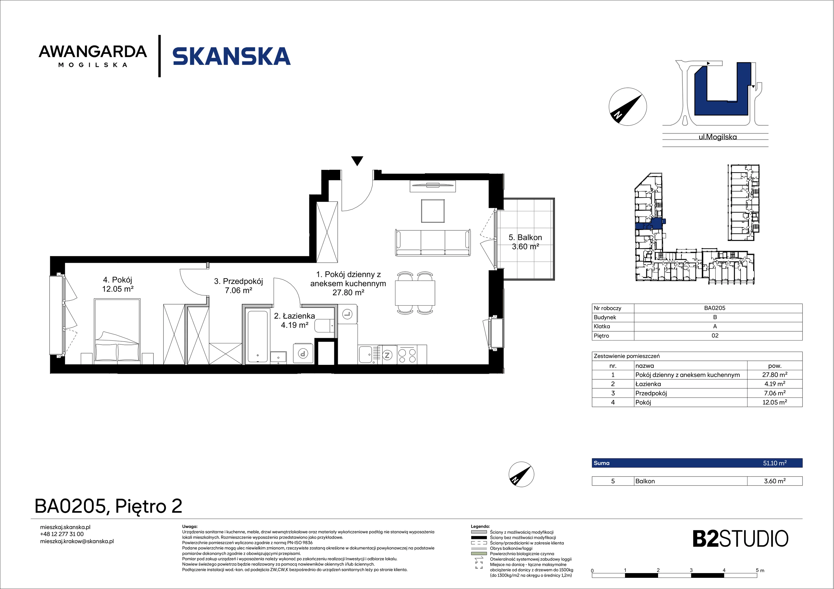 2 pokoje, apartament 51,10 m², piętro 2, oferta nr 1BA0205, Awangarda Mogilska, Kraków, Prądnik Czerwony, Rakowice, ul. Mogilska 126