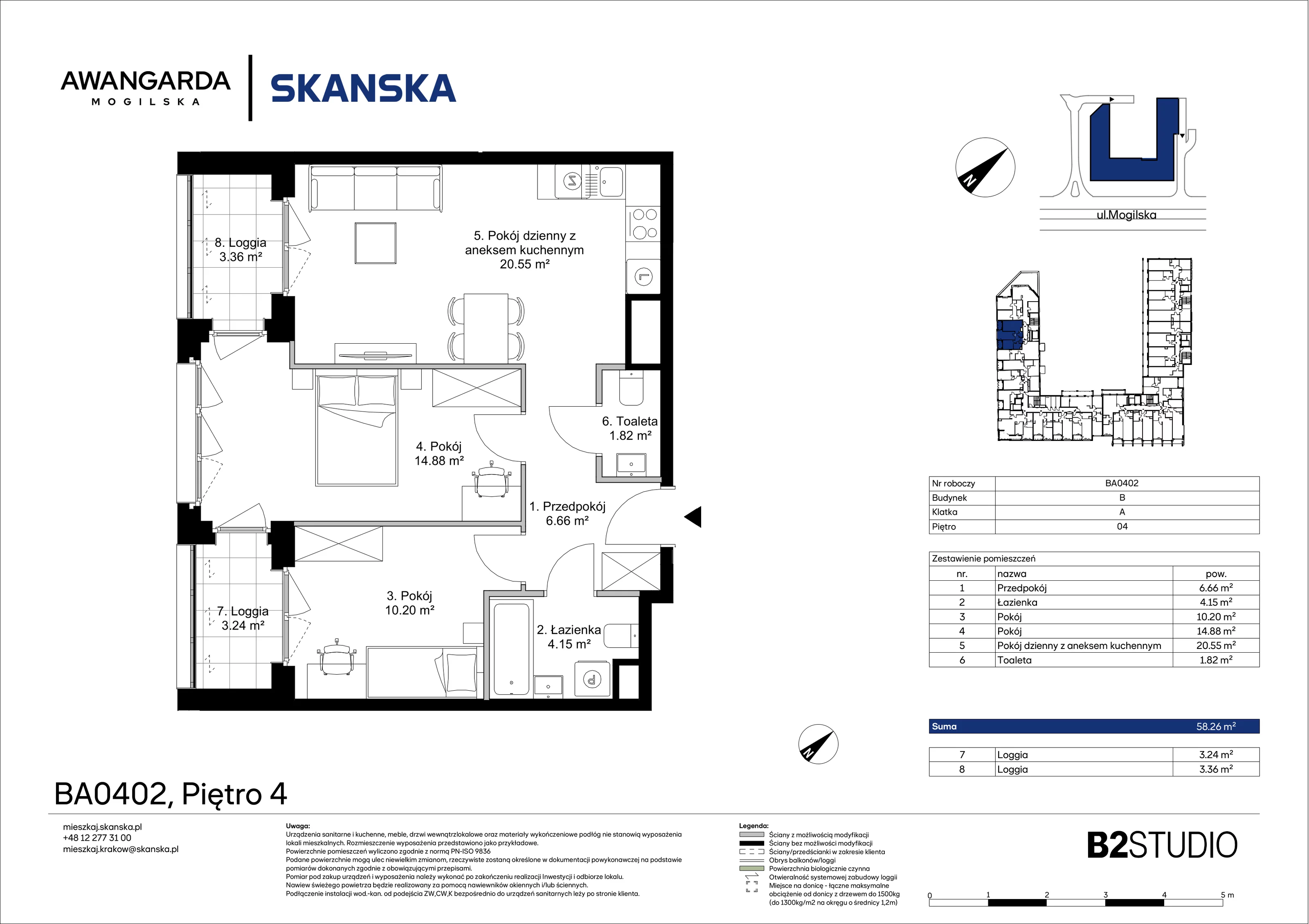 3 pokoje, apartament 58,26 m², piętro 4, oferta nr 1BA0402, Awangarda Mogilska, Kraków, Prądnik Czerwony, Rakowice, ul. Mogilska 126