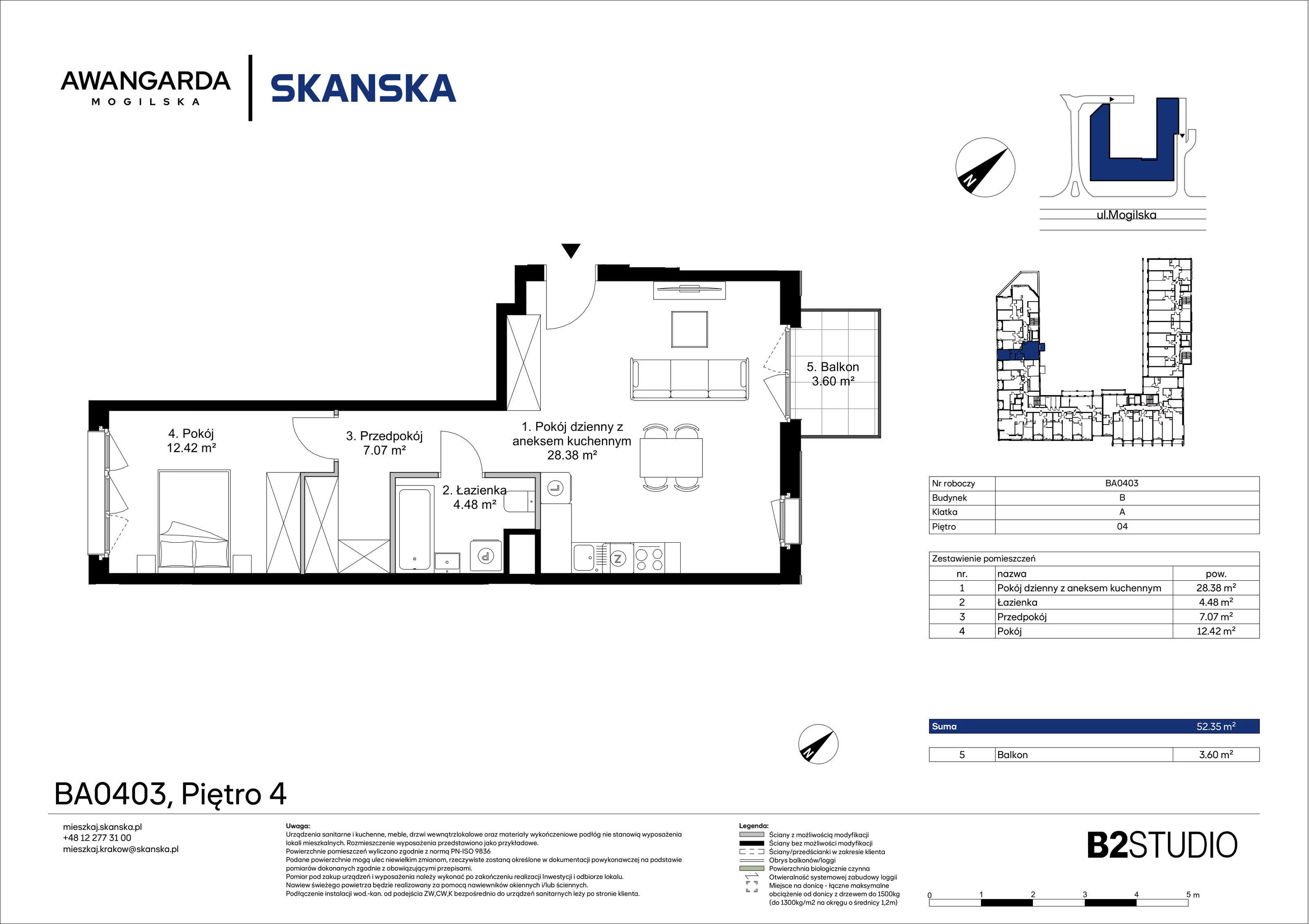 2 pokoje, mieszkanie 52,35 m², piętro 4, oferta nr 1BA0403, Awangarda Mogilska, Kraków, Prądnik Czerwony, Rakowice, ul. Mogilska 126