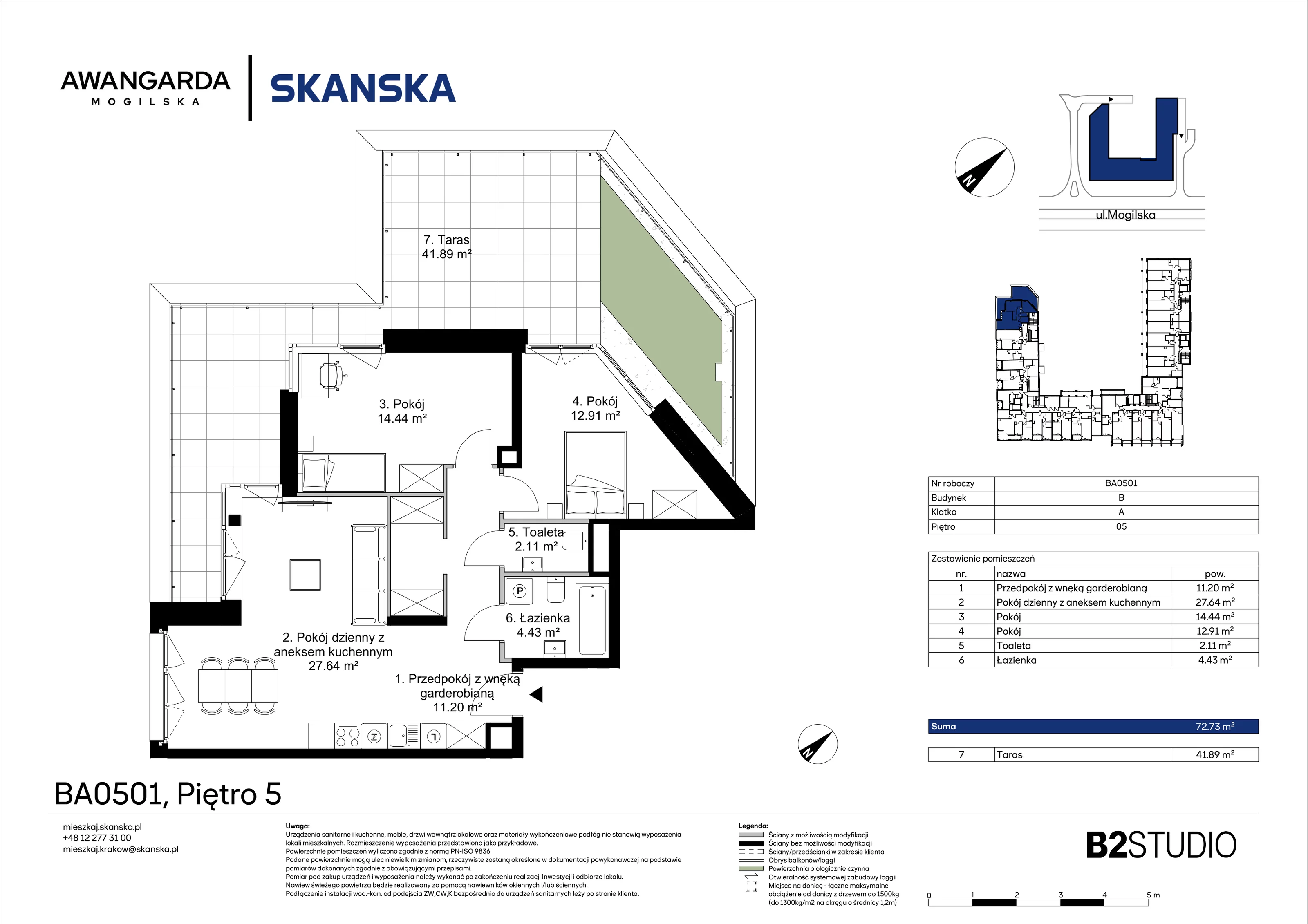 3 pokoje, apartament 72,73 m², piętro 5, oferta nr 1BA0501, Awangarda Mogilska, Kraków, Prądnik Czerwony, Rakowice, ul. Mogilska 126