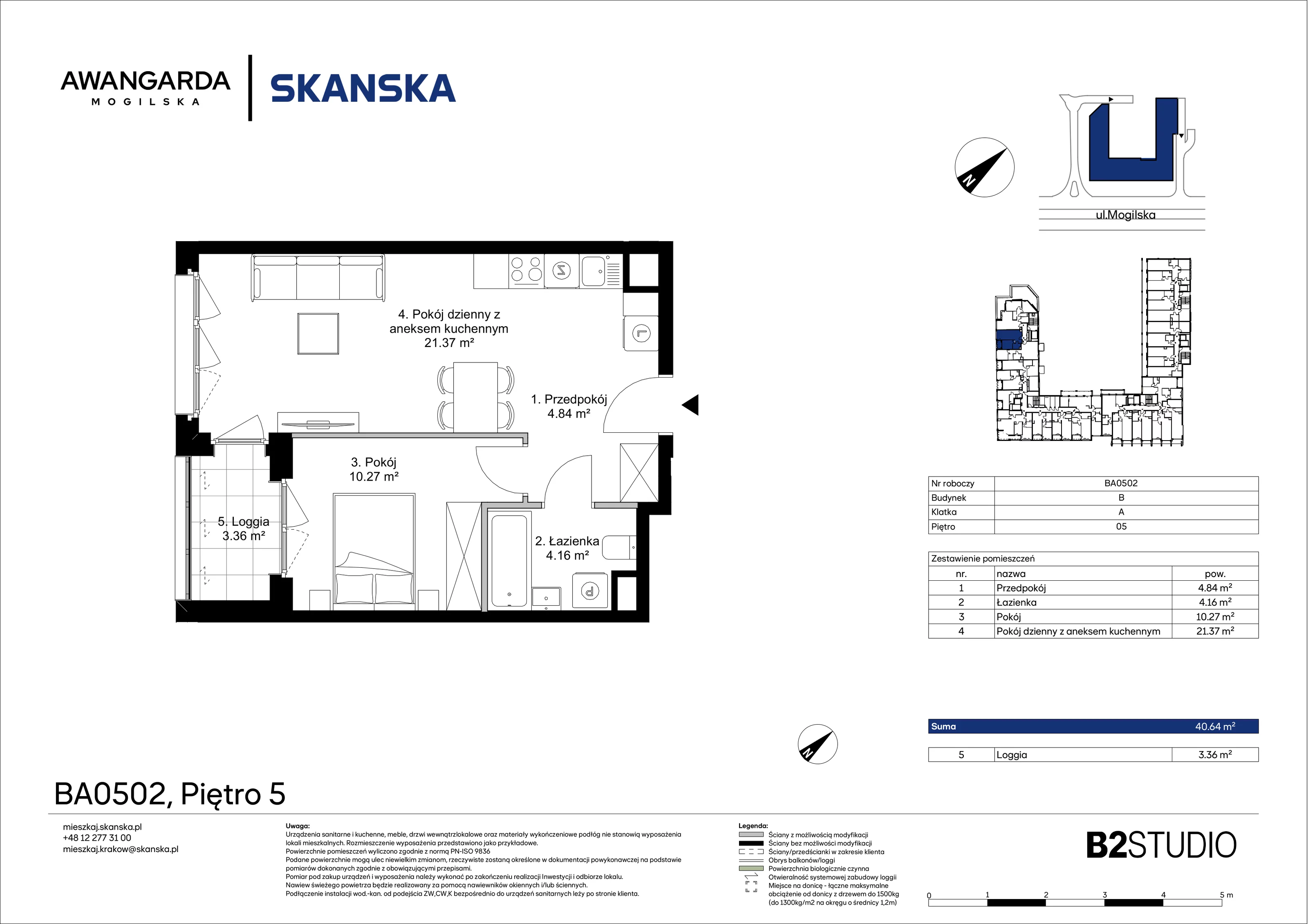 2 pokoje, apartament 40,64 m², piętro 5, oferta nr 1BA0502, Awangarda Mogilska, Kraków, Prądnik Czerwony, Rakowice, ul. Mogilska 126