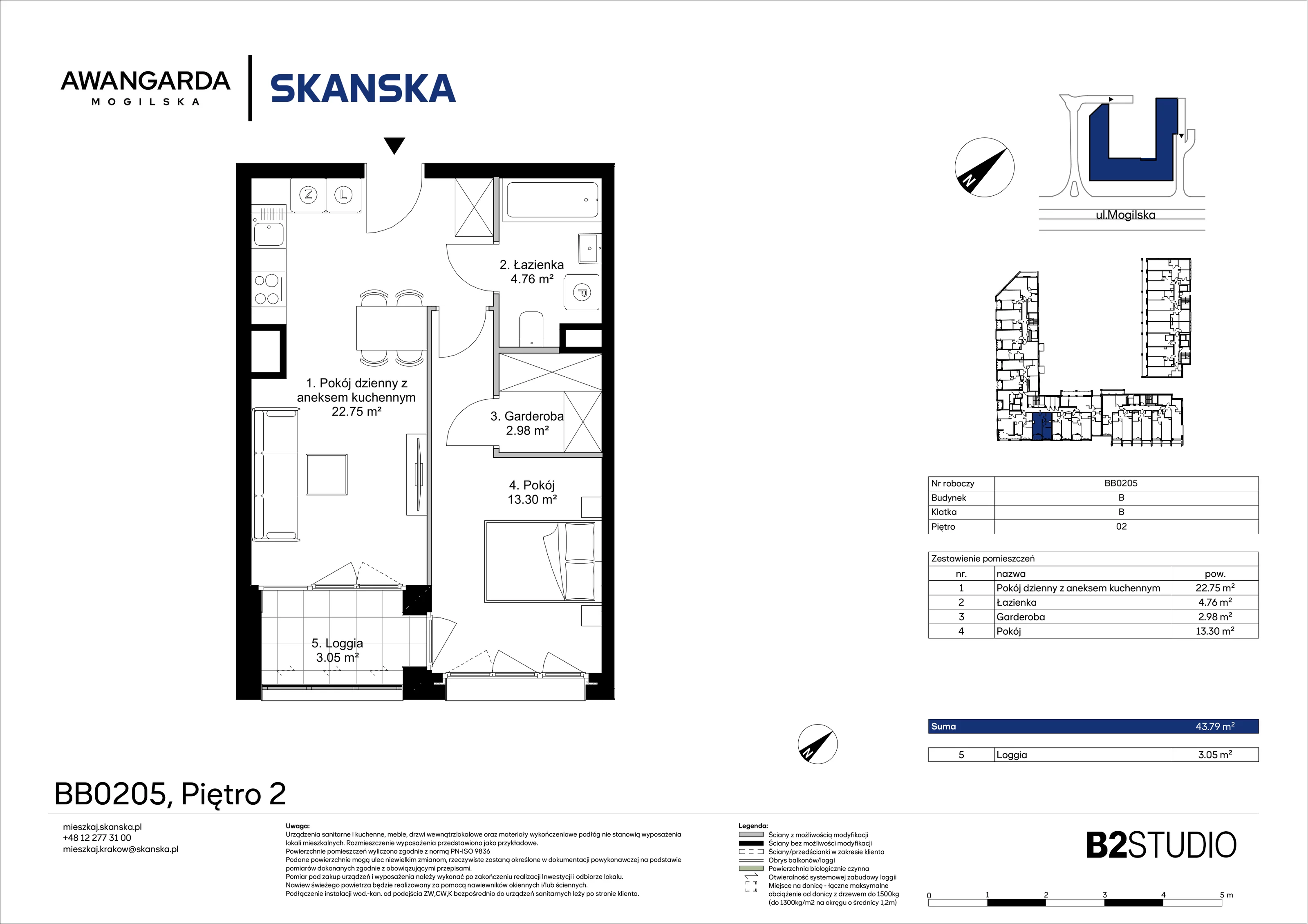 2 pokoje, apartament 43,79 m², piętro 2, oferta nr 1BB0205, Awangarda Mogilska, Kraków, Prądnik Czerwony, Rakowice, ul. Mogilska 126