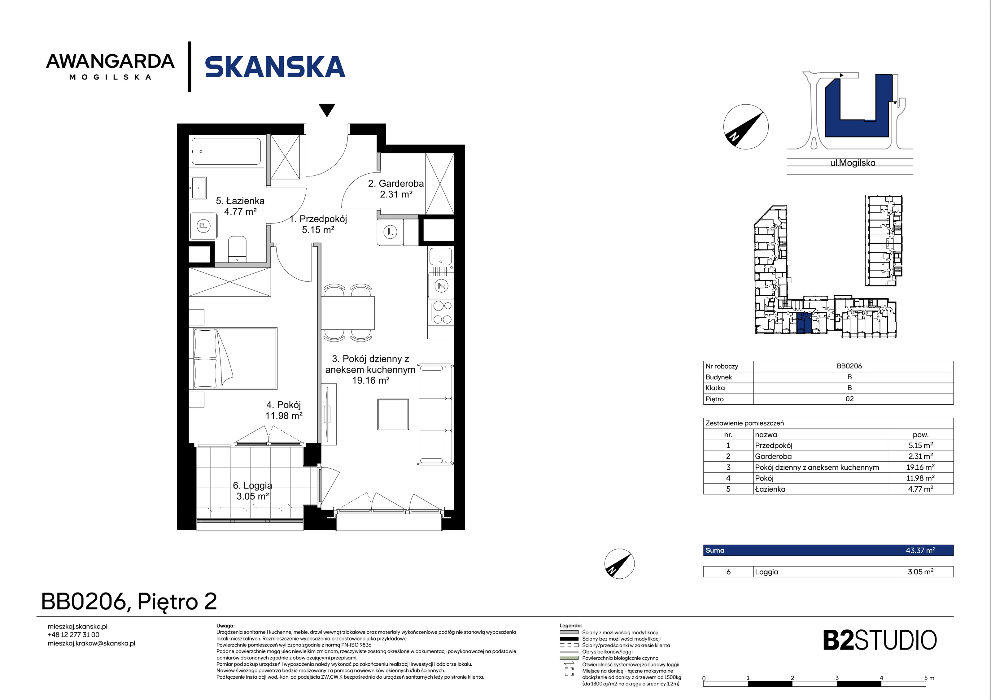 2 pokoje, apartament 43,37 m², piętro 2, oferta nr 1BB0206, Awangarda Mogilska, Kraków, Prądnik Czerwony, Rakowice, ul. Mogilska 126