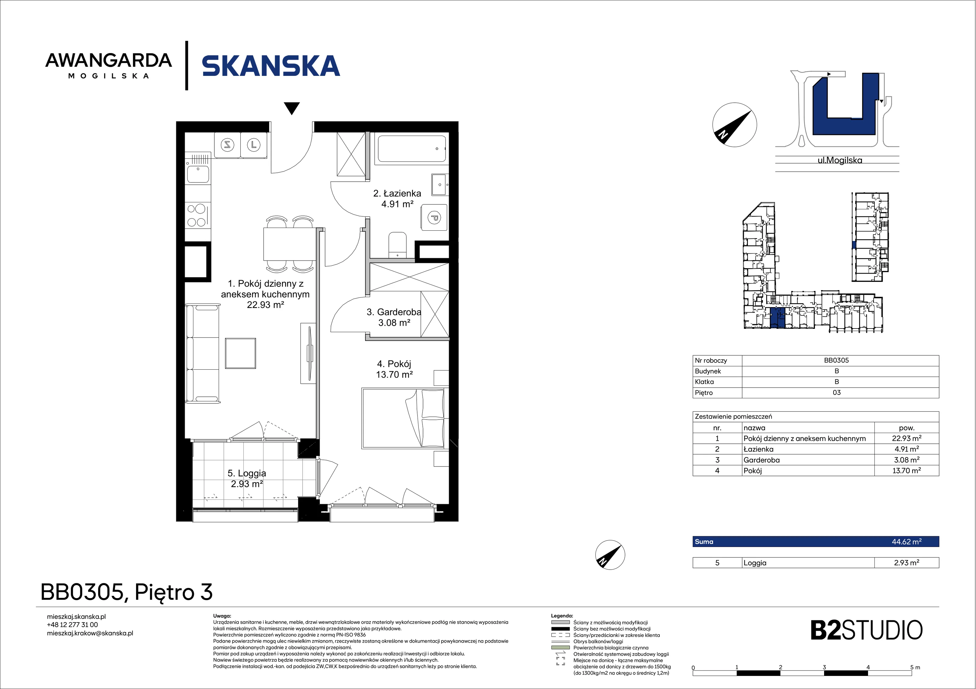 2 pokoje, apartament 44,62 m², piętro 3, oferta nr 1BB0305, Awangarda Mogilska, Kraków, Prądnik Czerwony, Rakowice, ul. Mogilska 126