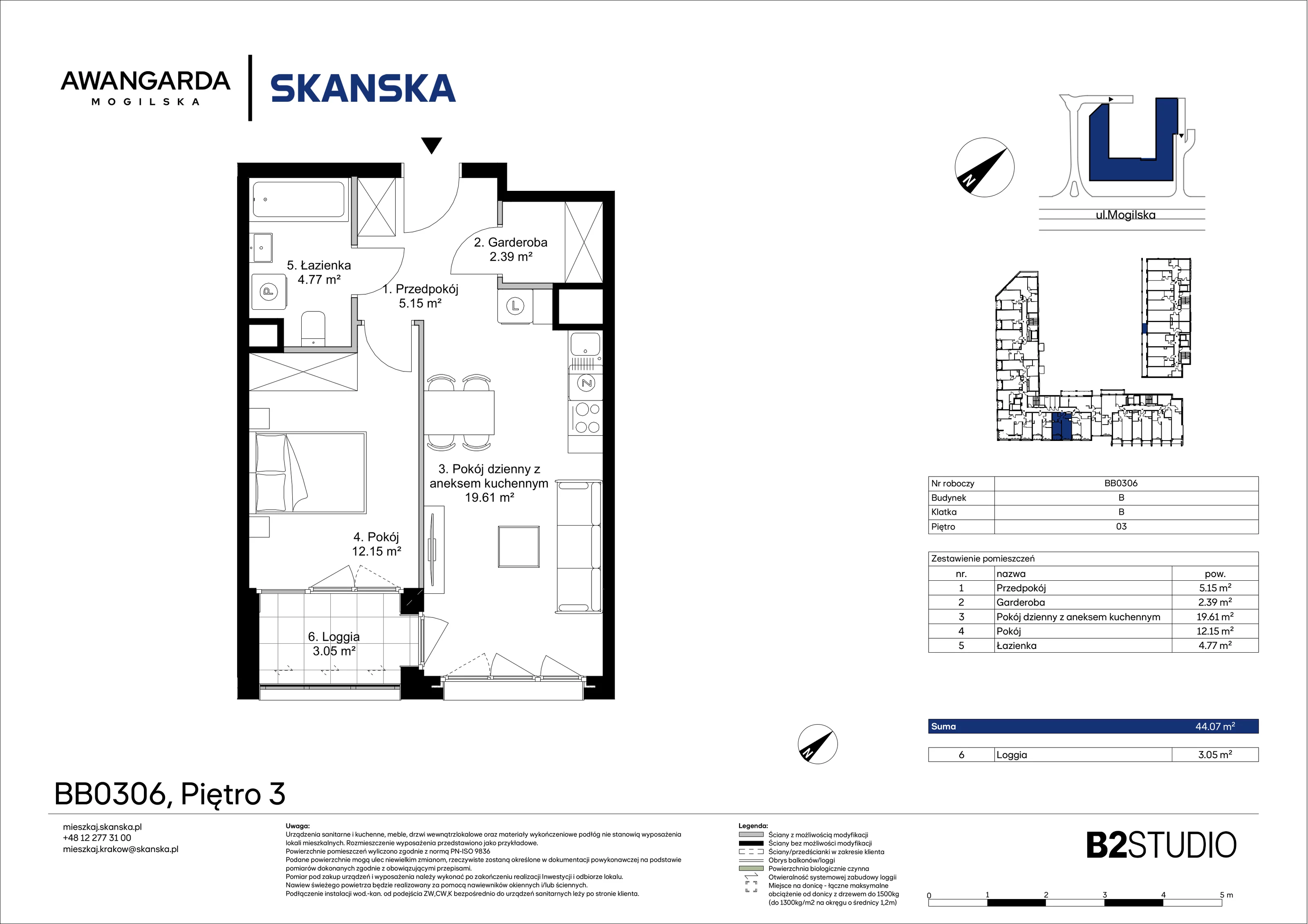 2 pokoje, mieszkanie 44,07 m², piętro 3, oferta nr 1BB0306, Awangarda Mogilska, Kraków, Prądnik Czerwony, Rakowice, ul. Mogilska 126