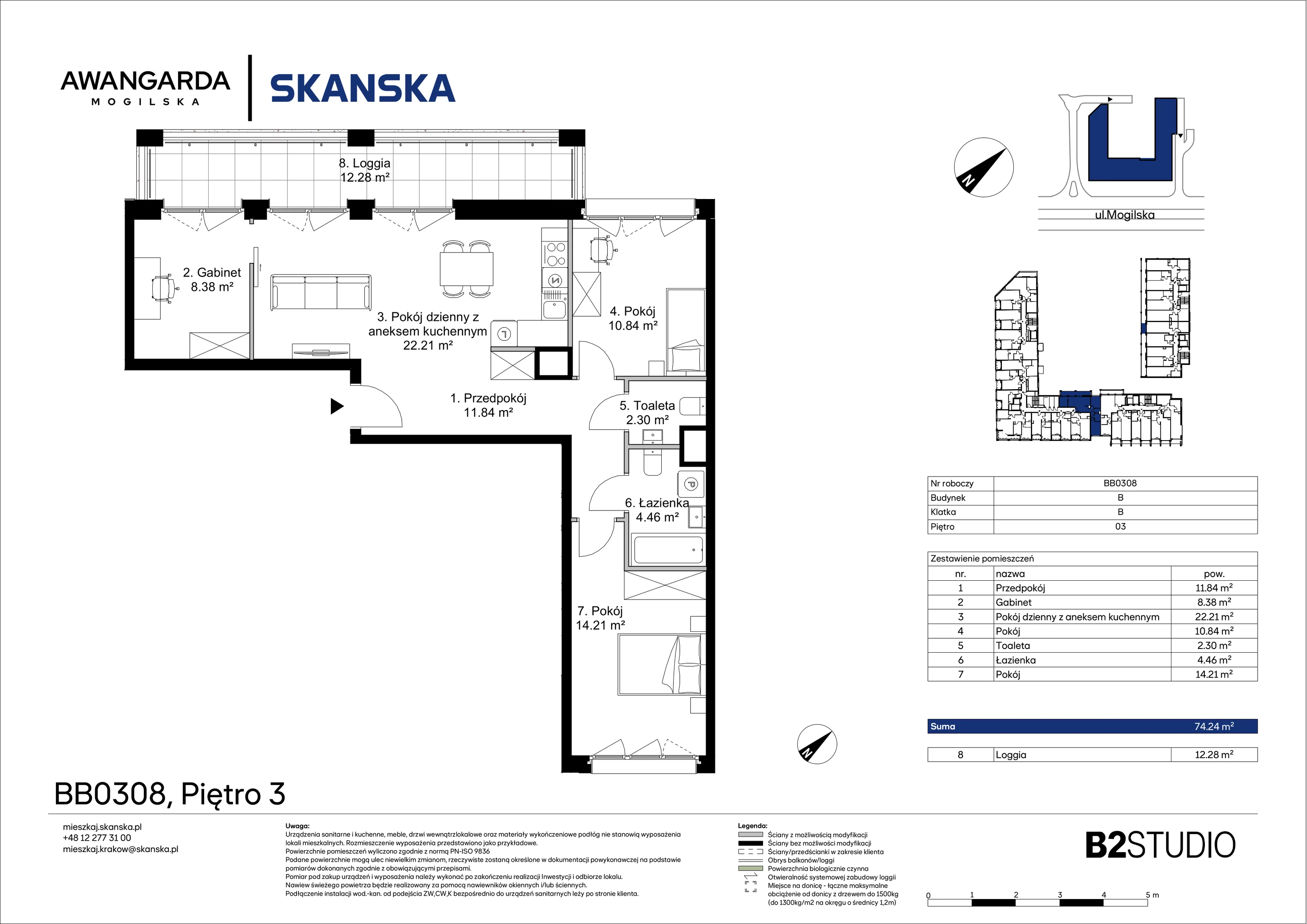 4 pokoje, mieszkanie 74,24 m², piętro 3, oferta nr 1BB0308, Awangarda Mogilska, Kraków, Prądnik Czerwony, Rakowice, ul. Mogilska 126