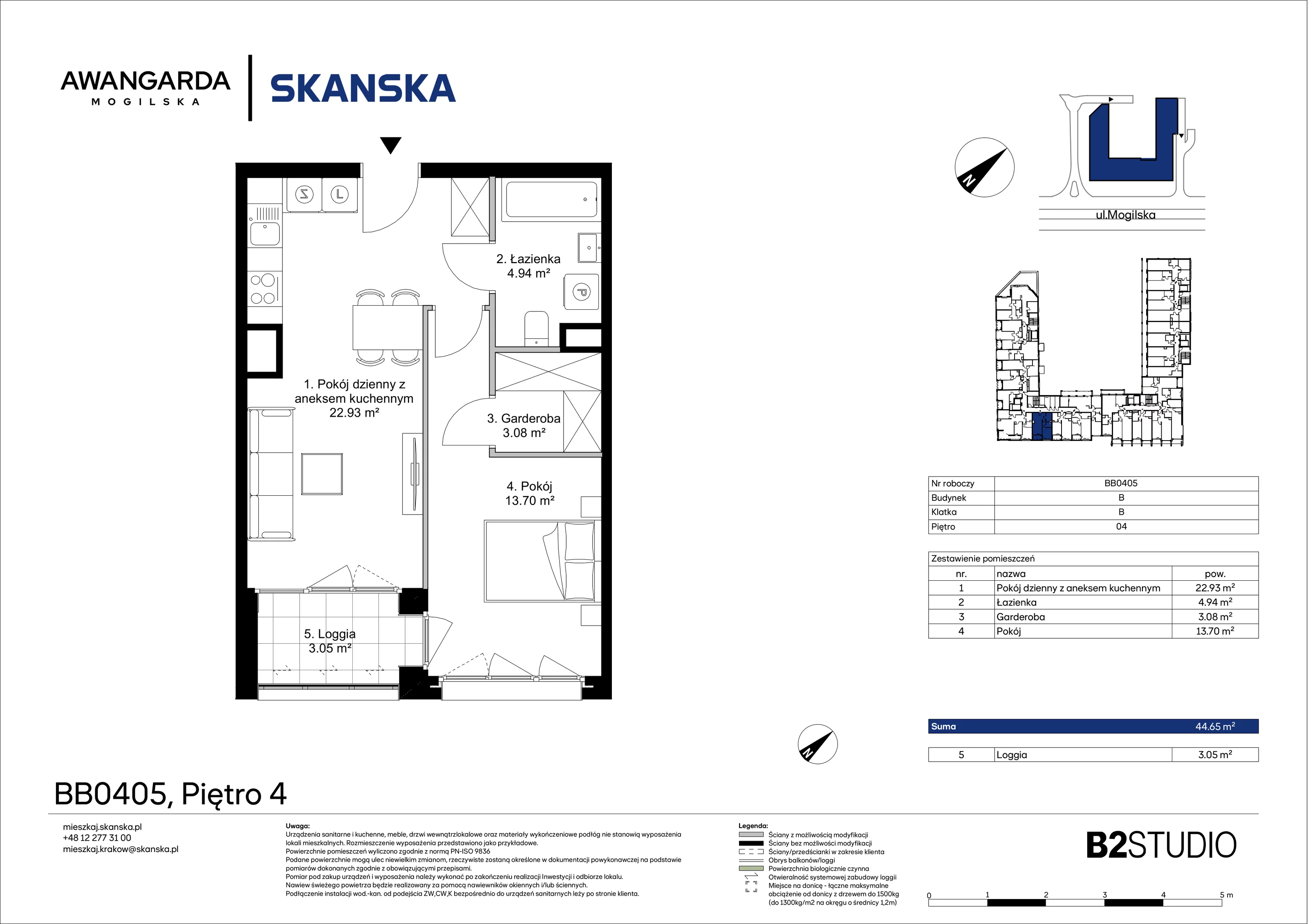 2 pokoje, mieszkanie 44,65 m², piętro 4, oferta nr 1BB0405, Awangarda Mogilska, Kraków, Prądnik Czerwony, Rakowice, ul. Mogilska 126