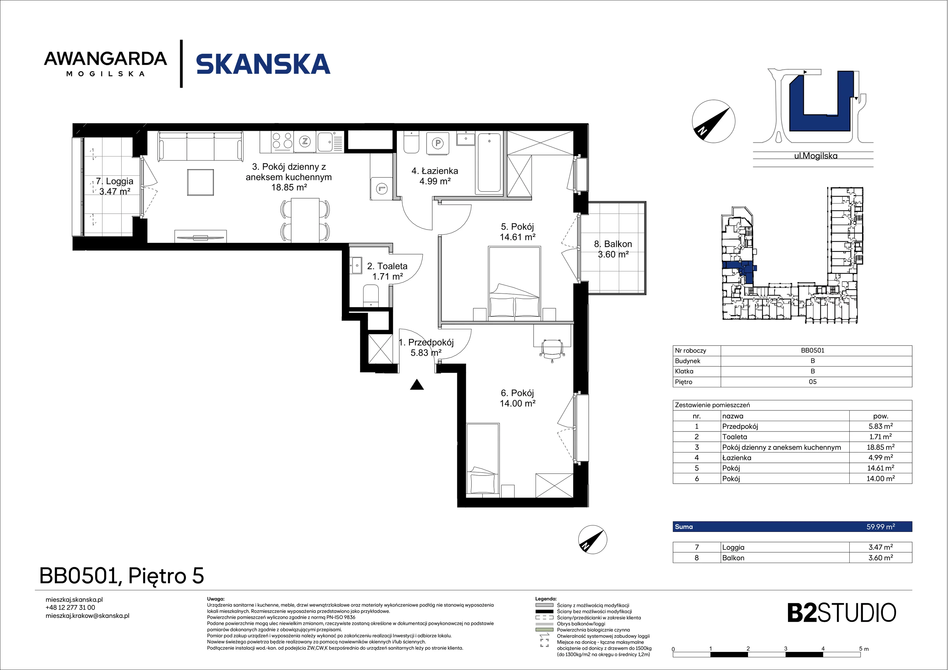 3 pokoje, apartament 59,99 m², piętro 5, oferta nr 1BB0501, Awangarda Mogilska, Kraków, Prądnik Czerwony, Rakowice, ul. Mogilska 126