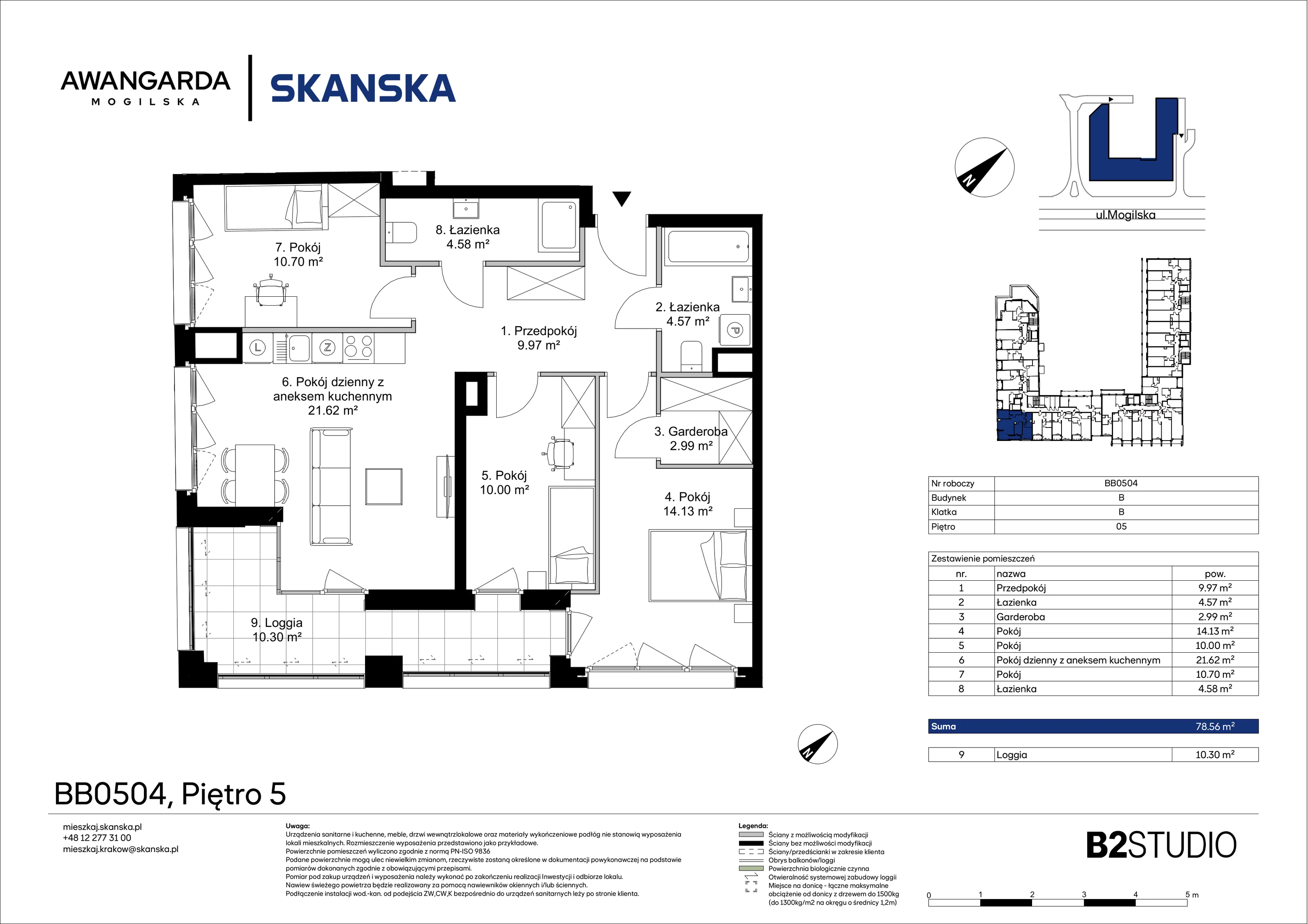 4 pokoje, mieszkanie 78,56 m², piętro 5, oferta nr 1BB0504, Awangarda Mogilska, Kraków, Prądnik Czerwony, Rakowice, ul. Mogilska 126