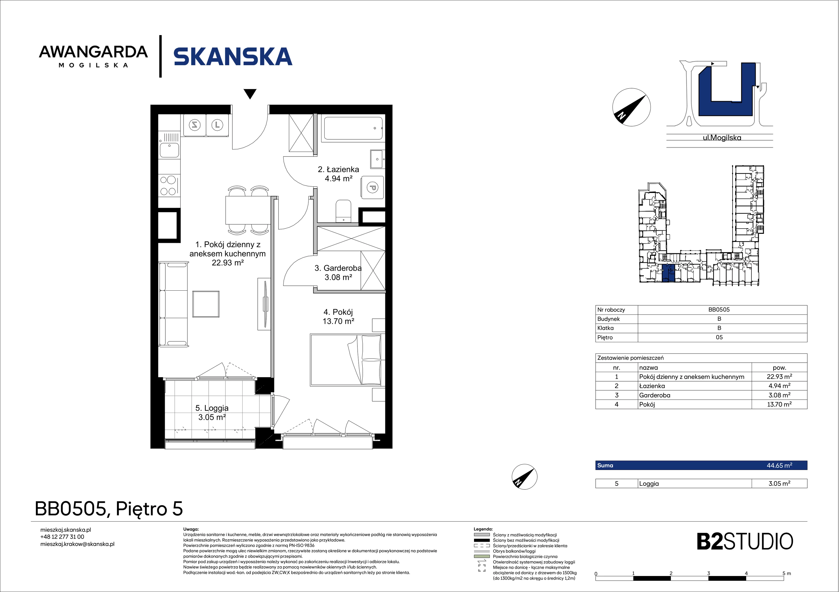 2 pokoje, mieszkanie 44,65 m², piętro 5, oferta nr 1BB0505, Awangarda Mogilska, Kraków, Prądnik Czerwony, Rakowice, ul. Mogilska 126