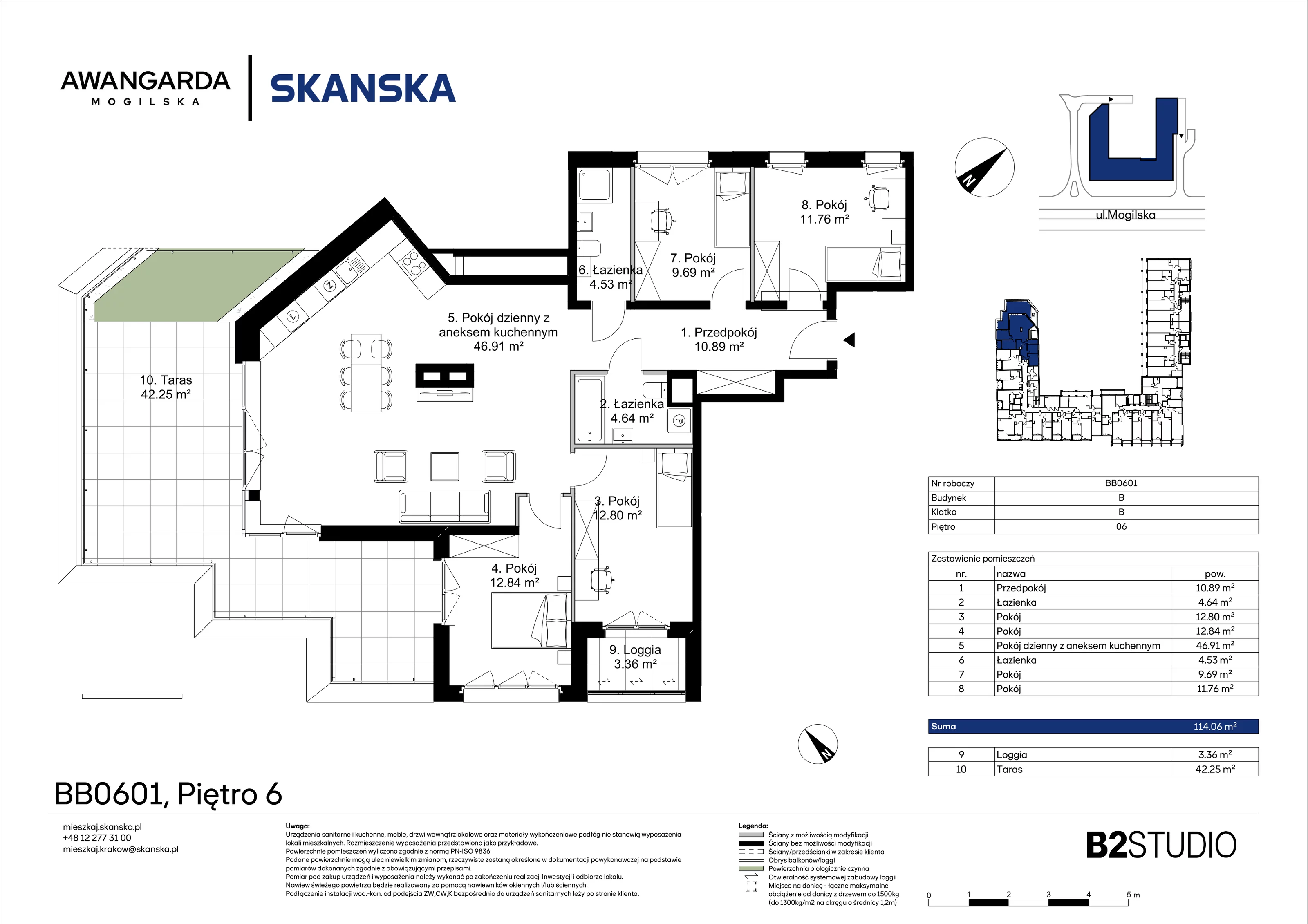5 pokoi, mieszkanie 114,06 m², piętro 6, oferta nr 1BB0601, Awangarda Mogilska, Kraków, Prądnik Czerwony, Rakowice, ul. Mogilska 126