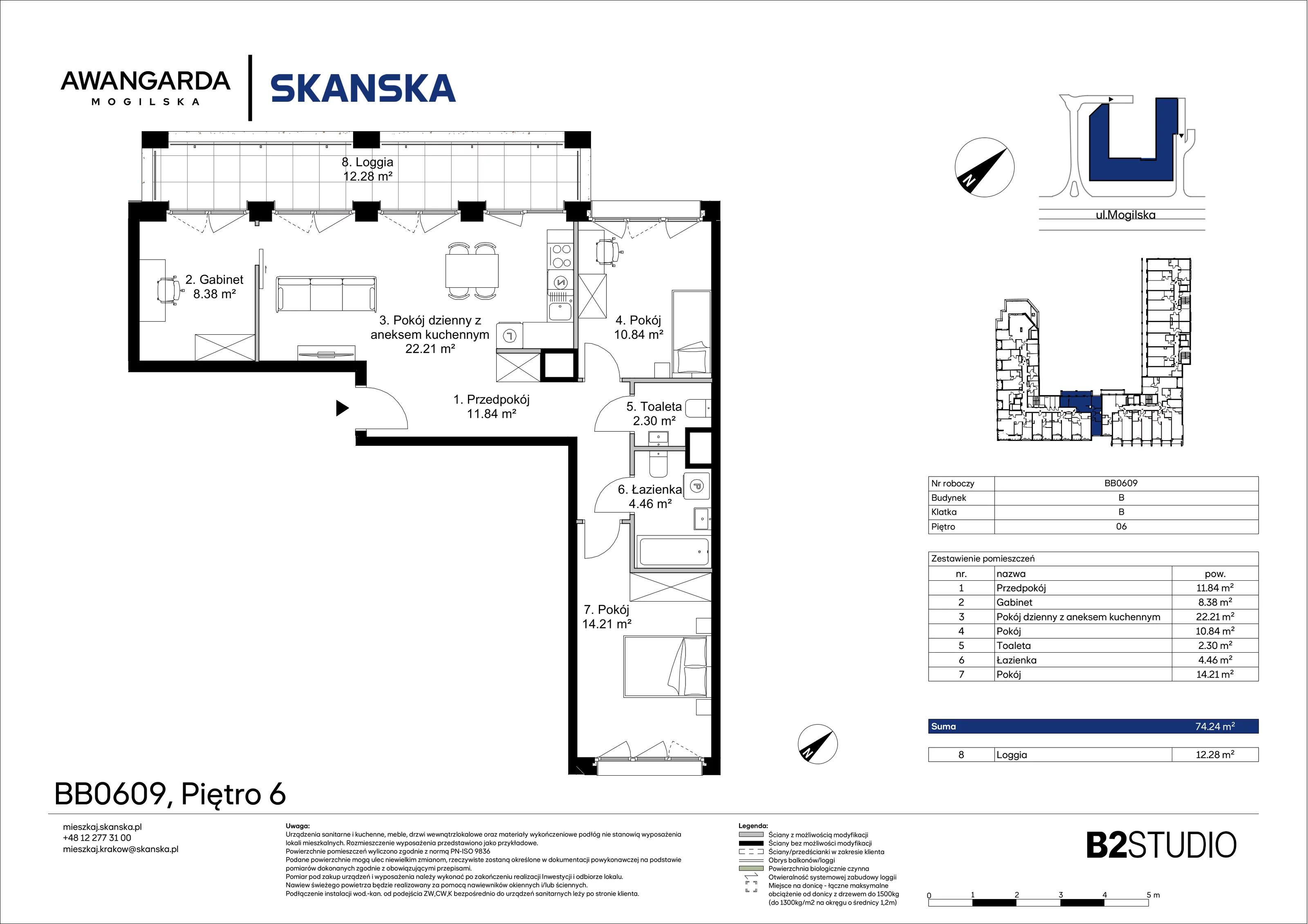 4 pokoje, mieszkanie 74,24 m², piętro 6, oferta nr 1BB0609, Awangarda Mogilska, Kraków, Prądnik Czerwony, Rakowice, ul. Mogilska 126