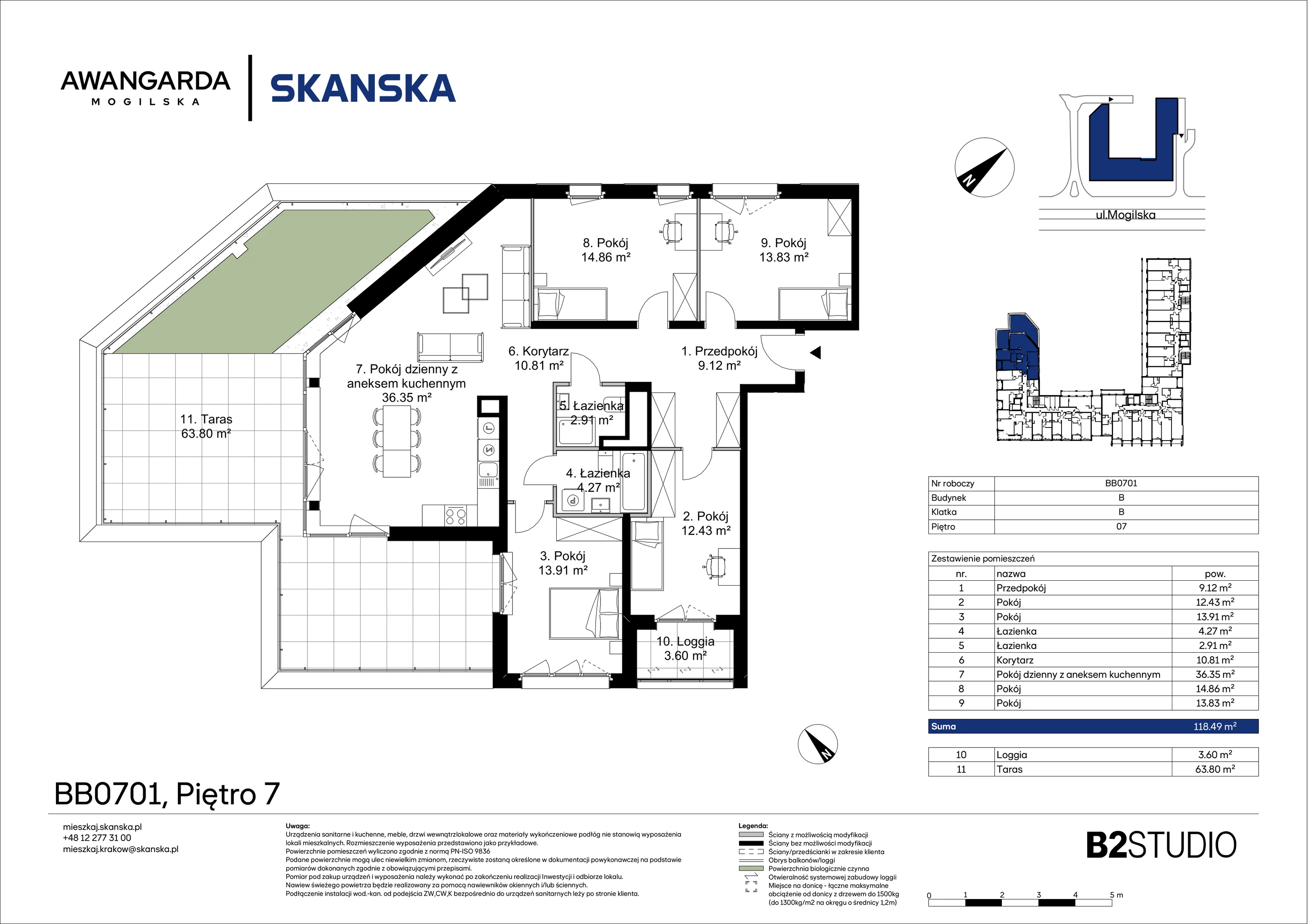 5 pokoi, mieszkanie 118,49 m², piętro 7, oferta nr 1BB0701, Awangarda Mogilska, Kraków, Prądnik Czerwony, Rakowice, ul. Mogilska 126