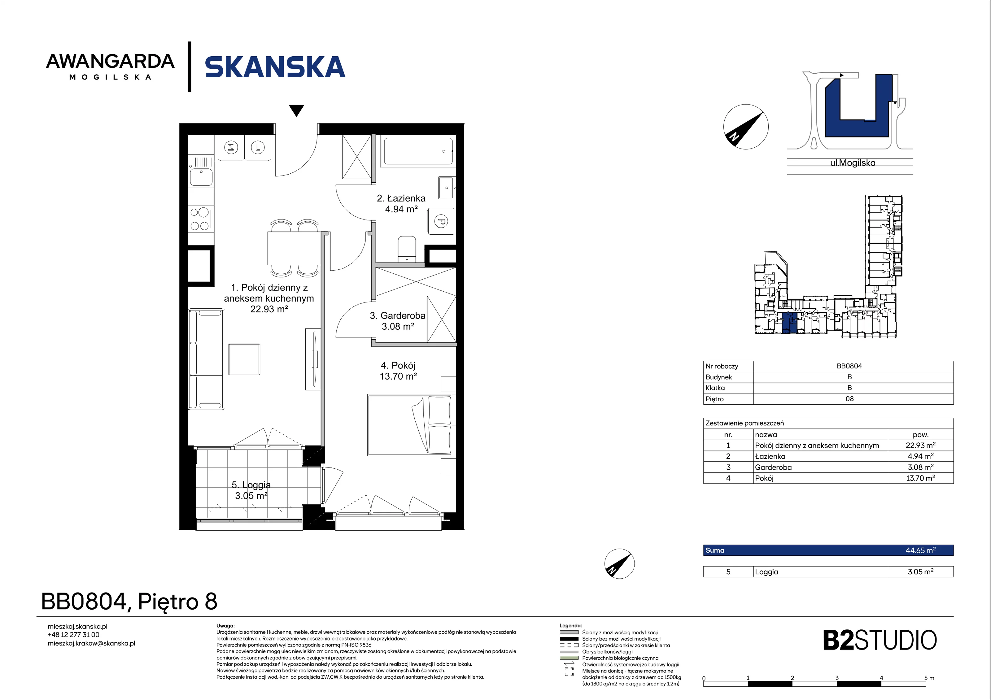 2 pokoje, mieszkanie 44,65 m², piętro 8, oferta nr 1BB0804, Awangarda Mogilska, Kraków, Prądnik Czerwony, Rakowice, ul. Mogilska 126