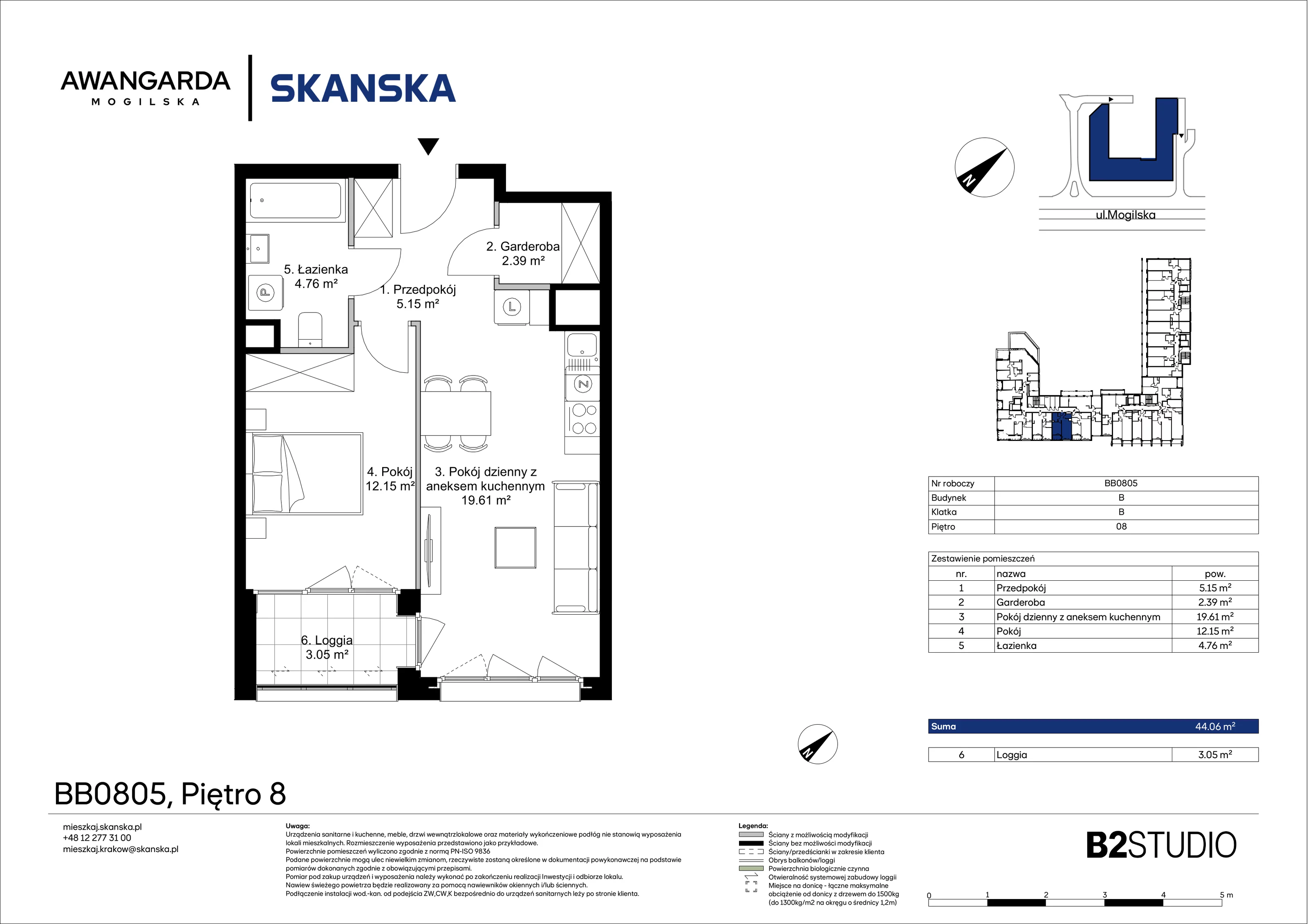 2 pokoje, apartament 44,06 m², piętro 8, oferta nr 1BB0805, Awangarda Mogilska, Kraków, Prądnik Czerwony, Rakowice, ul. Mogilska 126