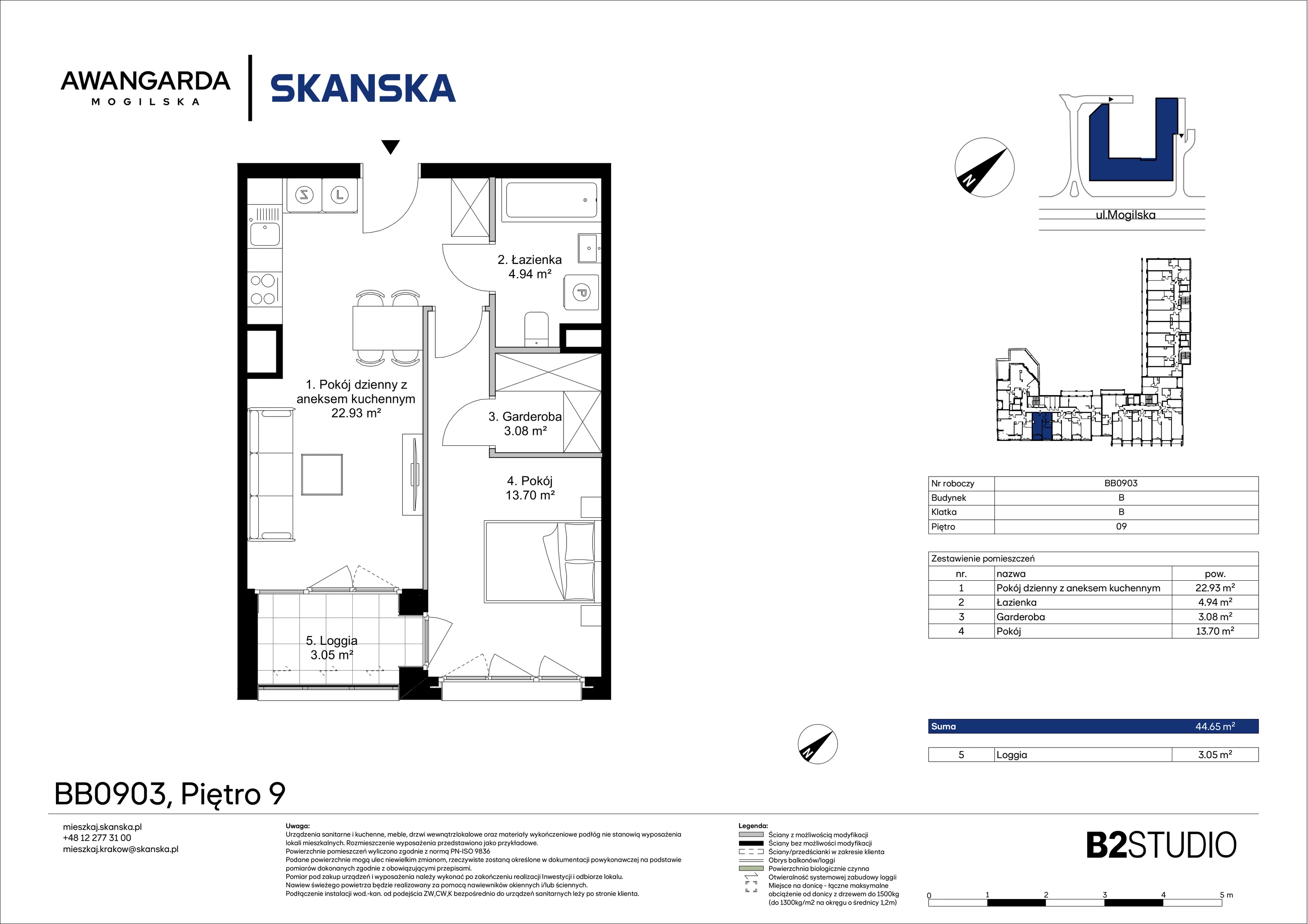 2 pokoje, mieszkanie 44,65 m², piętro 9, oferta nr 1BB0903, Awangarda Mogilska, Kraków, Prądnik Czerwony, Rakowice, ul. Mogilska 126