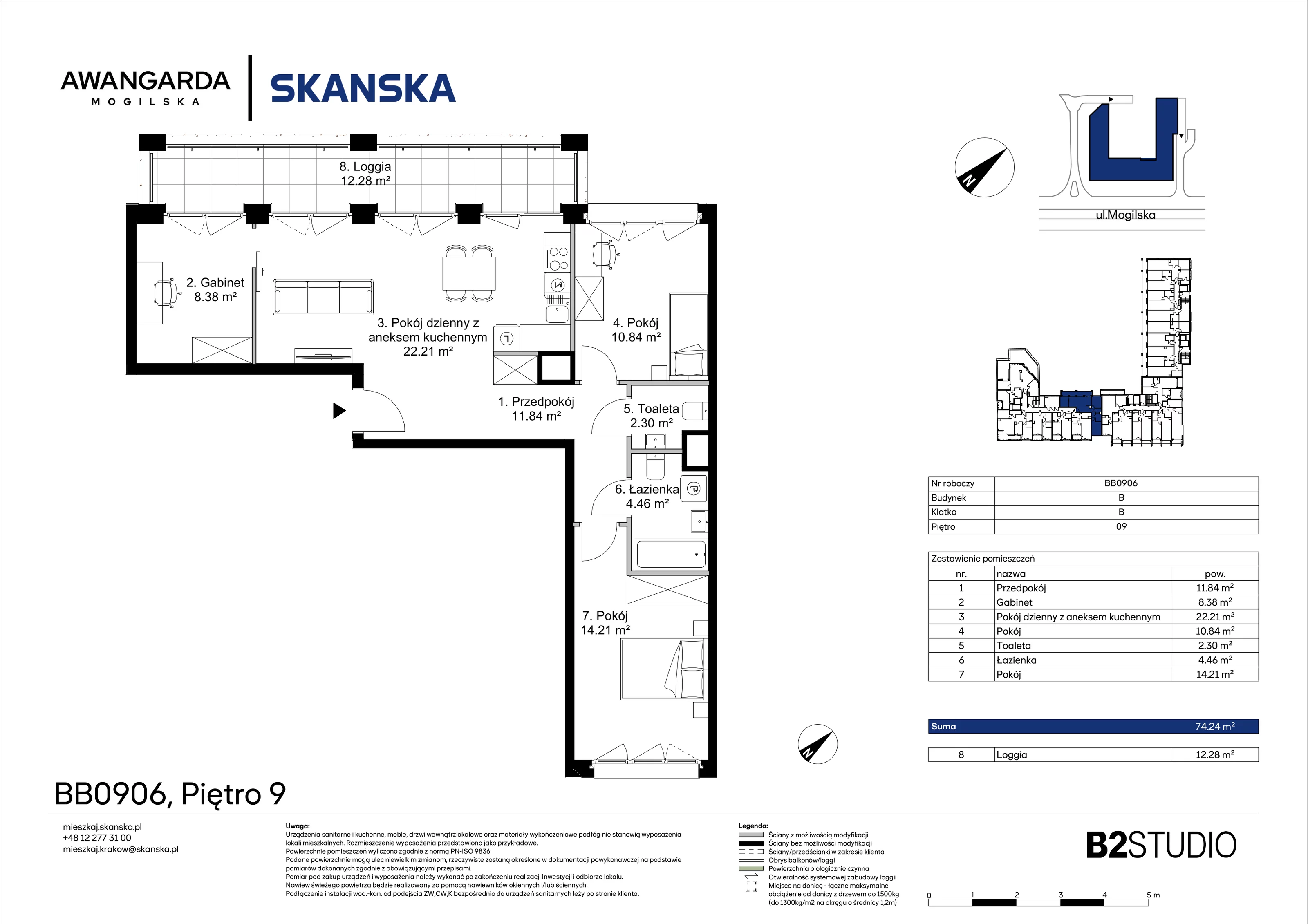 4 pokoje, apartament 74,24 m², piętro 9, oferta nr 1BB0906, Awangarda Mogilska, Kraków, Prądnik Czerwony, Rakowice, ul. Mogilska 126