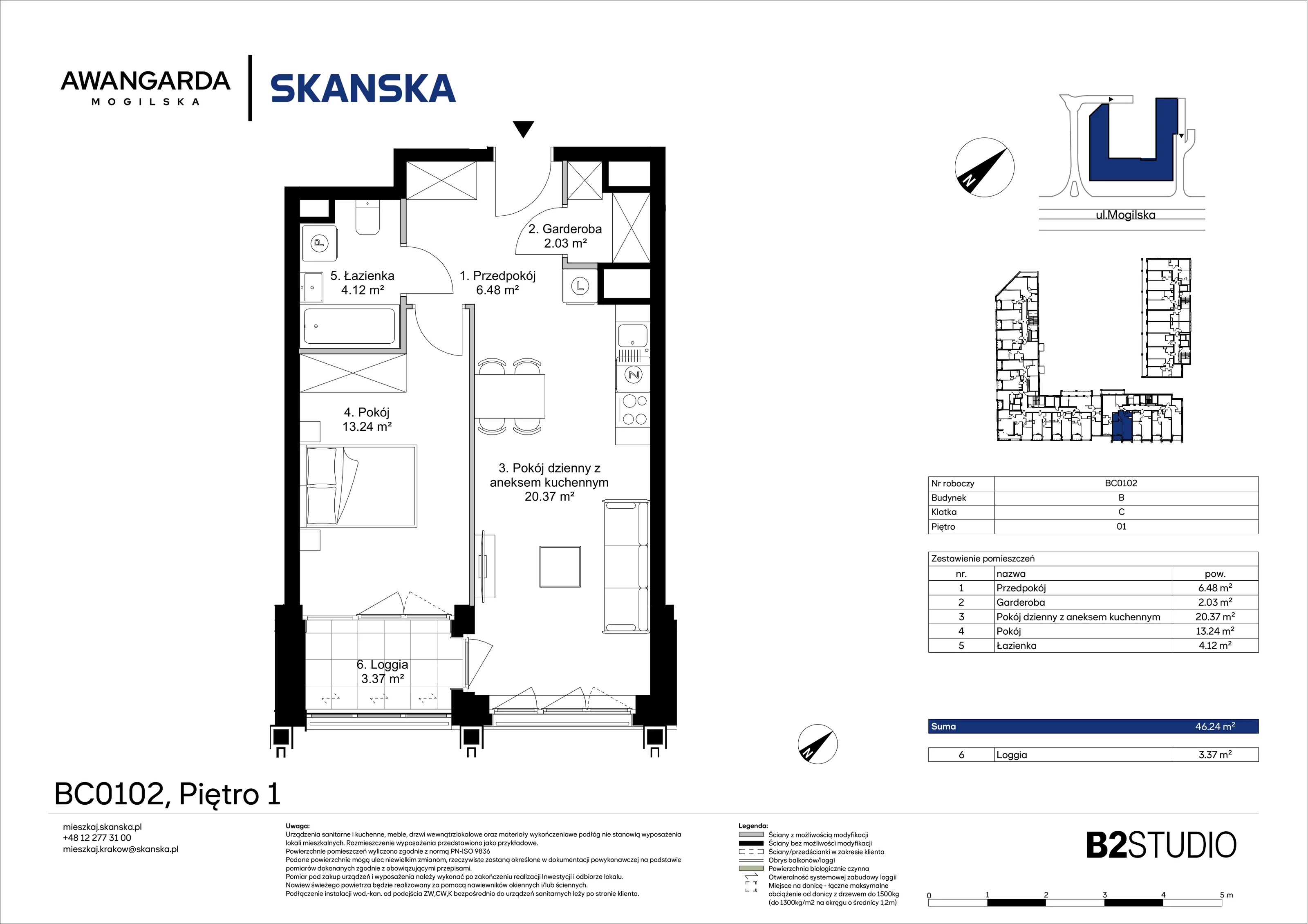2 pokoje, mieszkanie 46,24 m², piętro 1, oferta nr 1BC0102, Awangarda Mogilska, Kraków, Prądnik Czerwony, Rakowice, ul. Mogilska 126