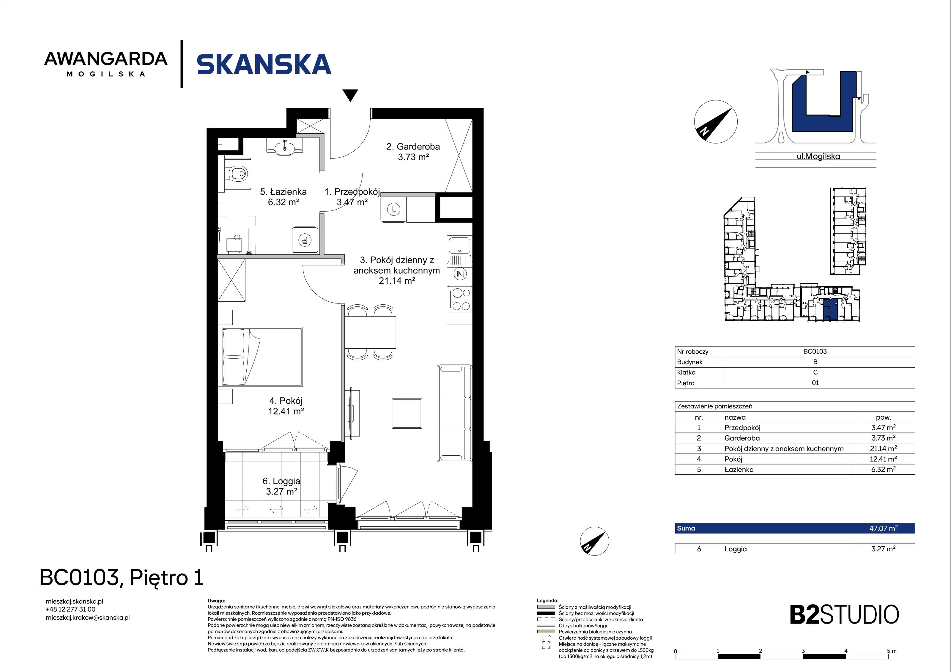 2 pokoje, apartament 47,07 m², piętro 1, oferta nr 1BC0103, Awangarda Mogilska, Kraków, Prądnik Czerwony, Rakowice, ul. Mogilska 126